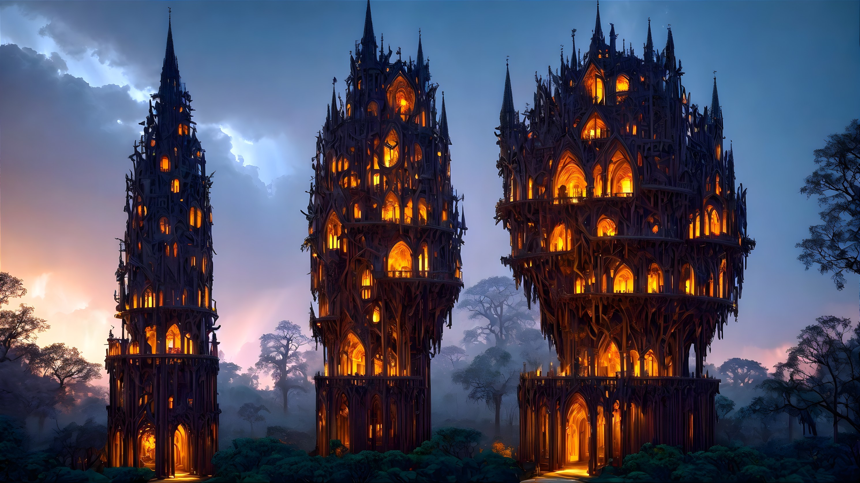 Gothic Towers in Misty Forest at Twilight