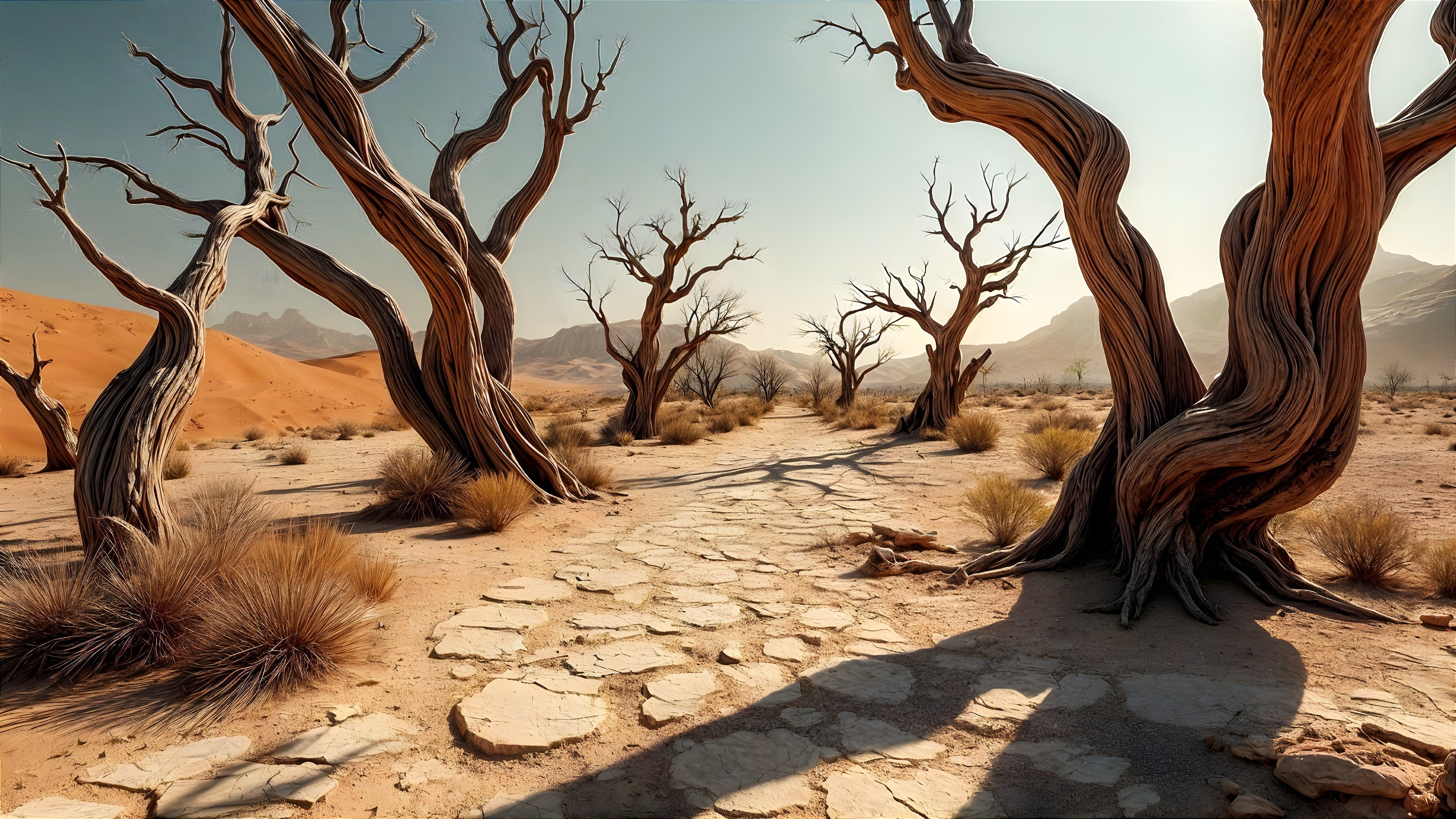 Barren Landscape with Weathered Trees and Sand Dunes