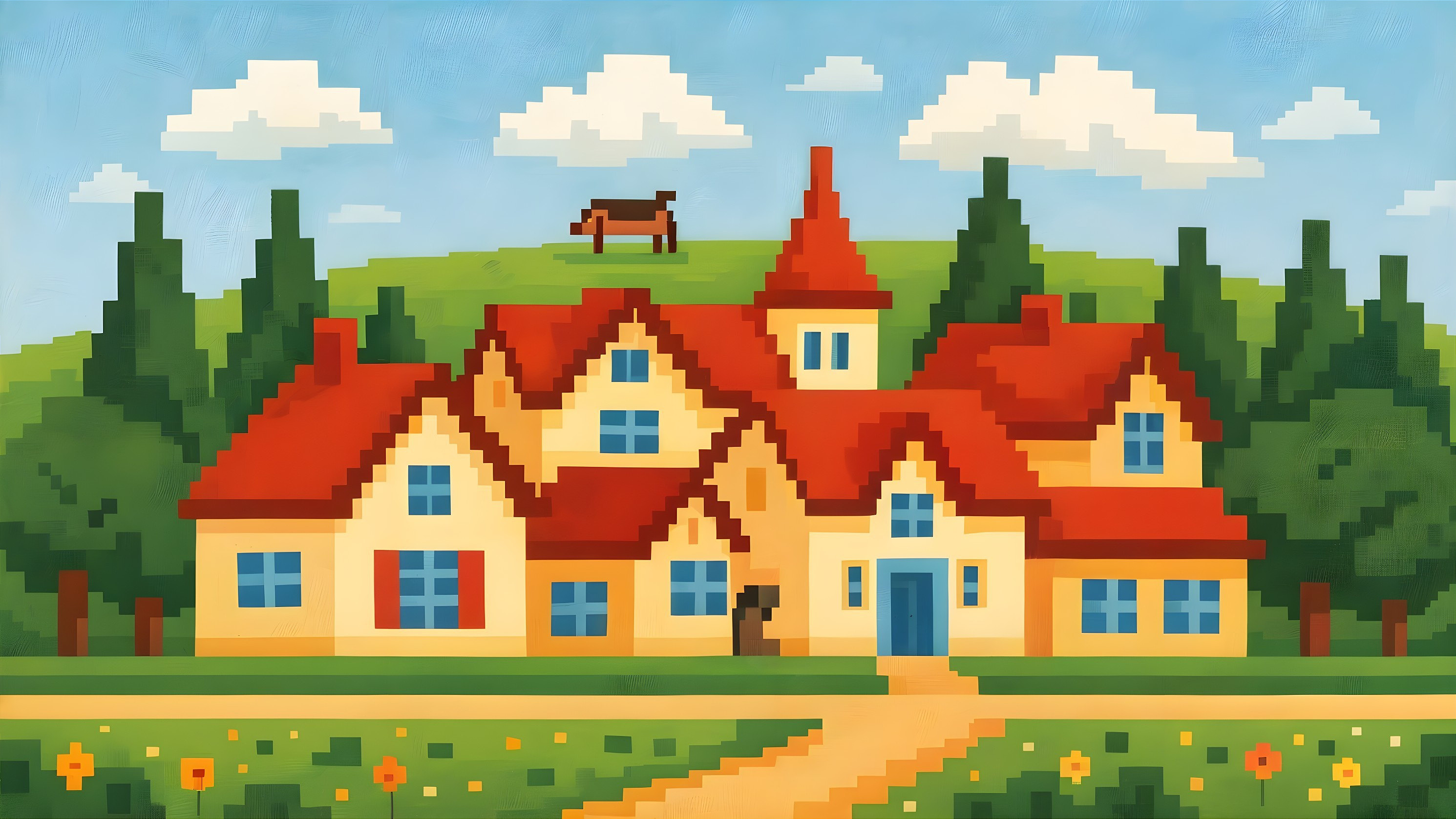 Charming Pixel Art House with Colorful Landscape Elements