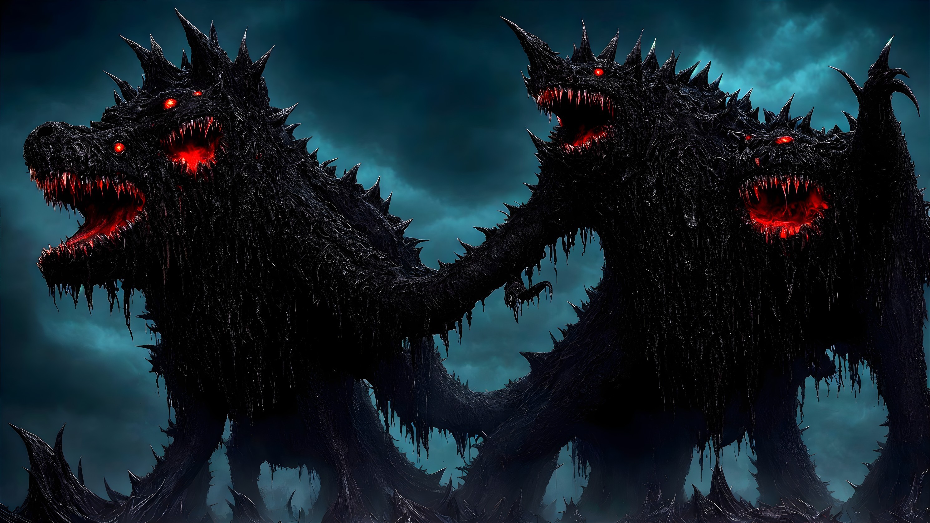 Three-Headed Creature with Glowing Eyes and Stormy Background