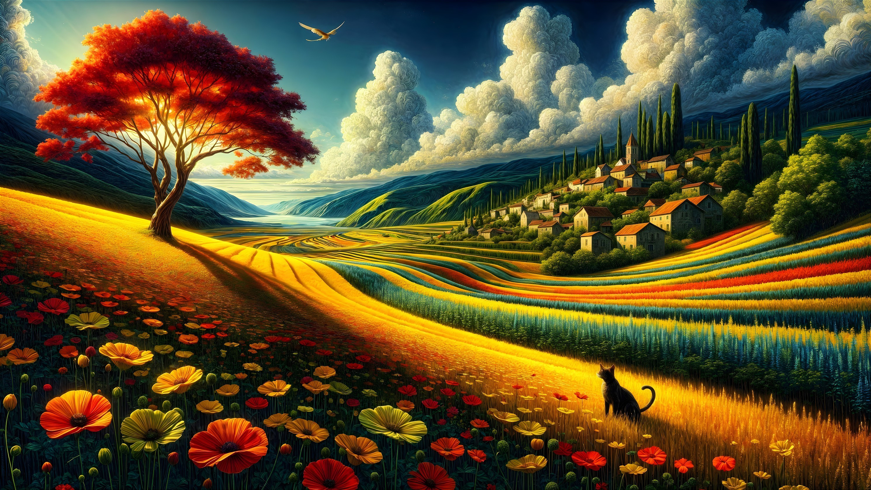 Vibrant Landscape with Red Tree and Black Cat