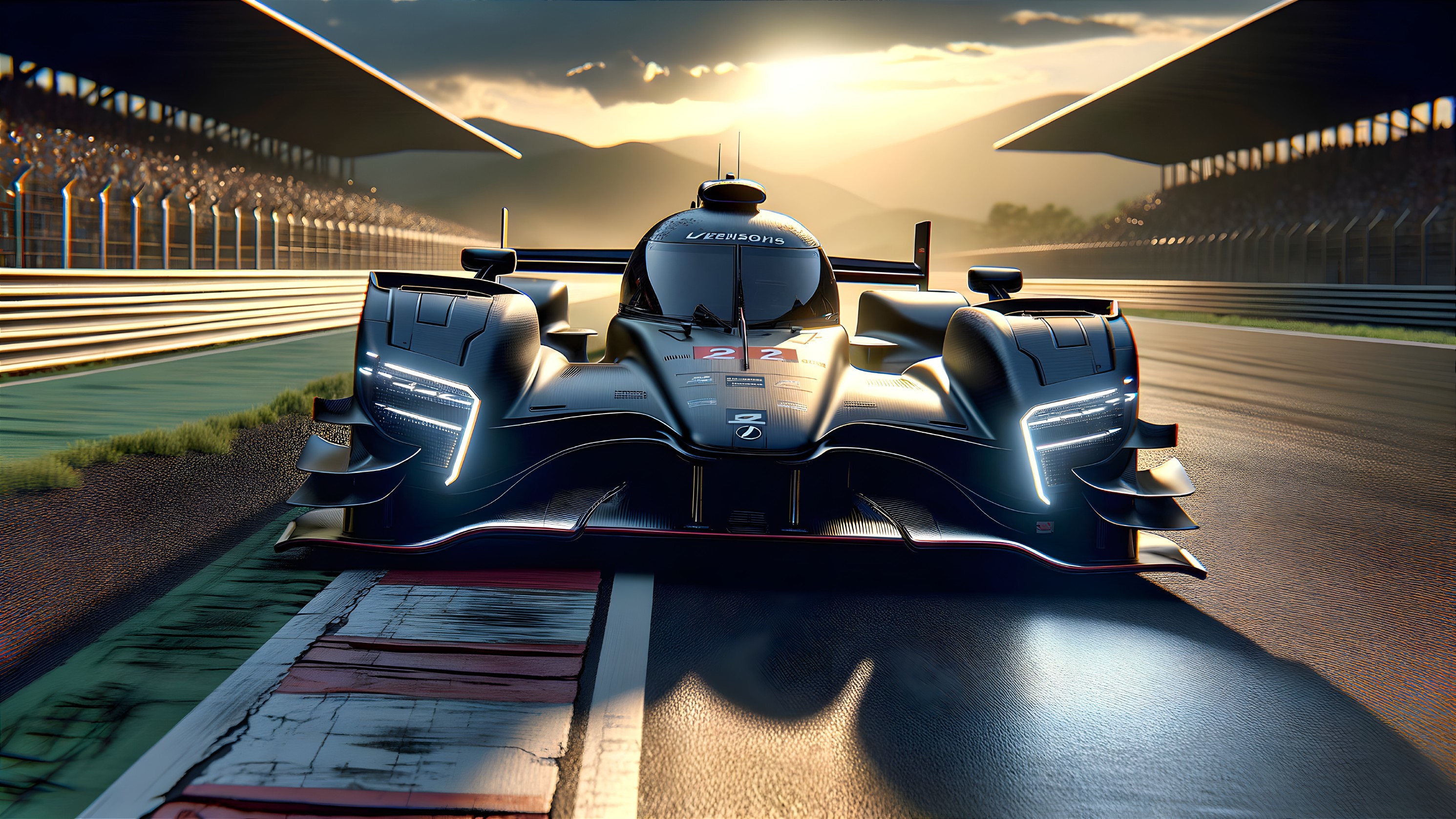 Race car number 22 with sponsor logos speeds on track at sunset