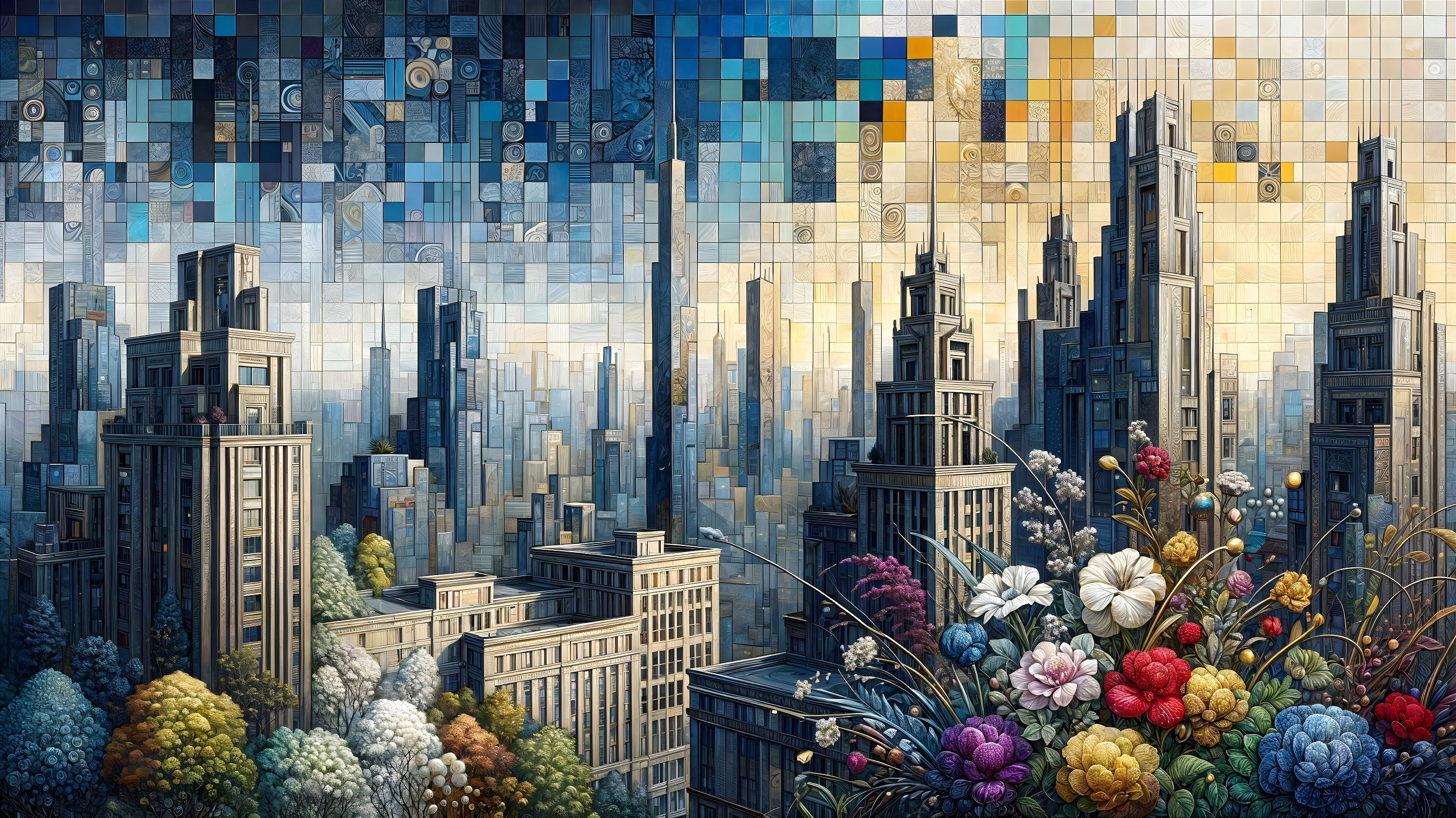 Vibrant Cityscape with Mosaic Buildings and Garden