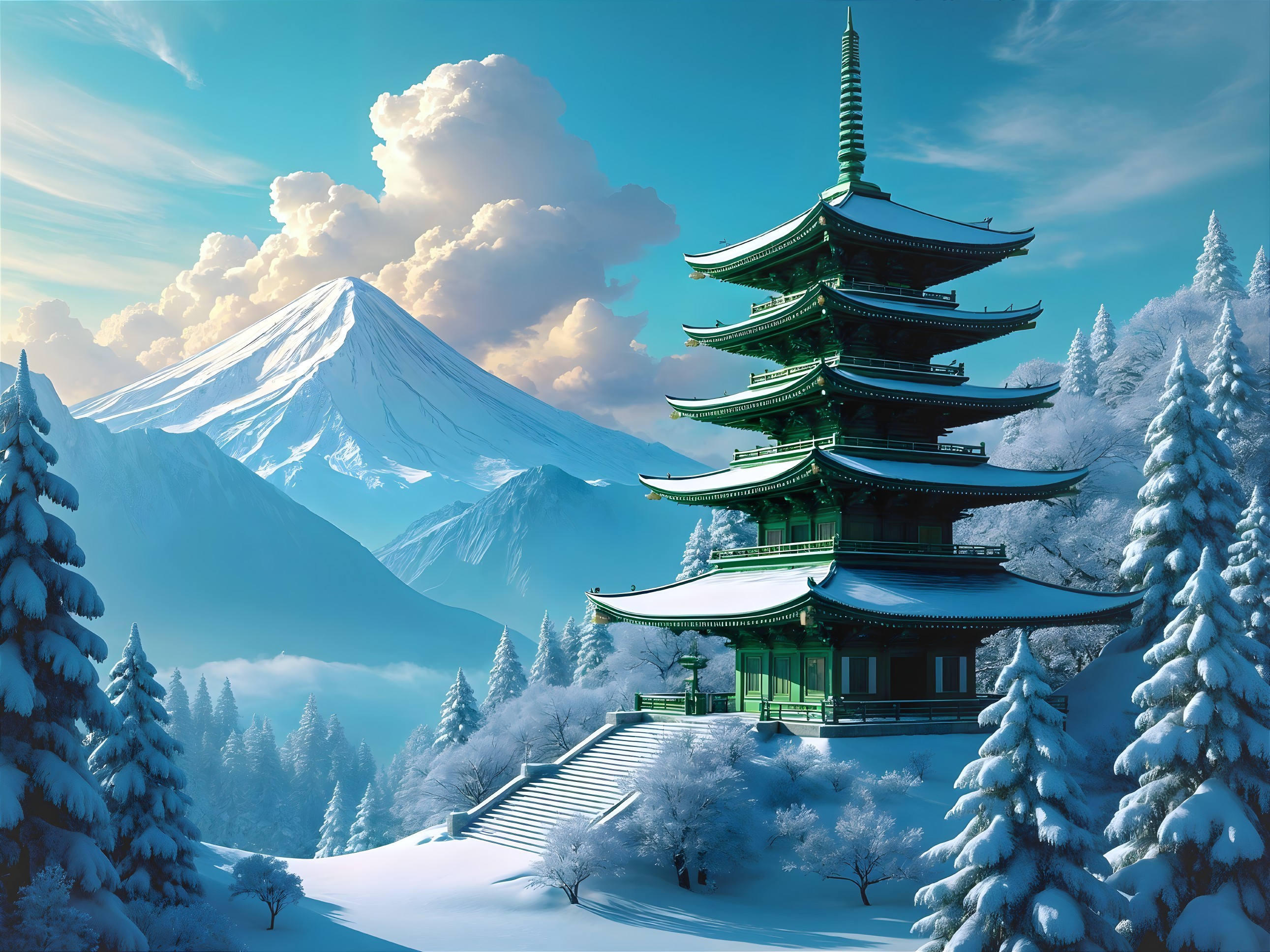 Serene Winter Landscape with Pagoda and Mountains