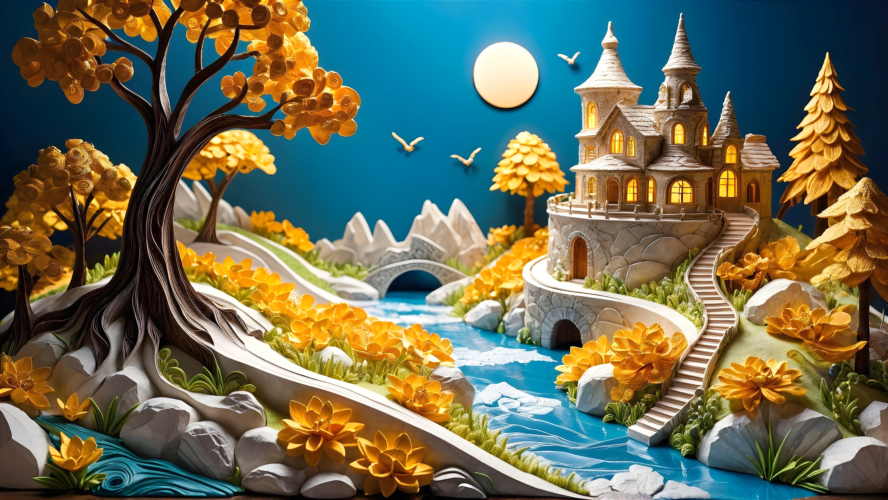 Whimsical Paper Art Landscape with Castle and River