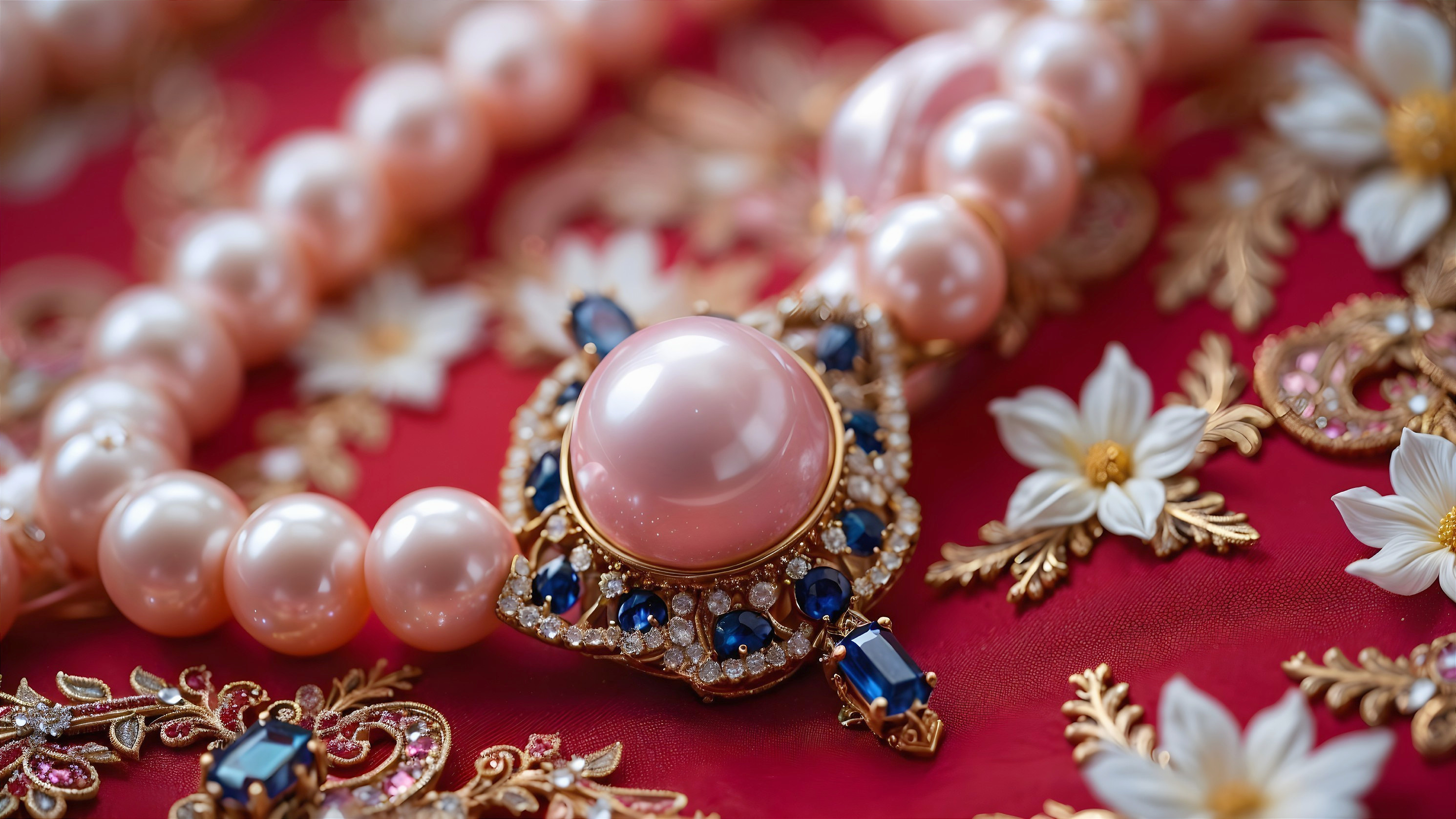 Elegant Necklace with Pink Pearls and Gemstones