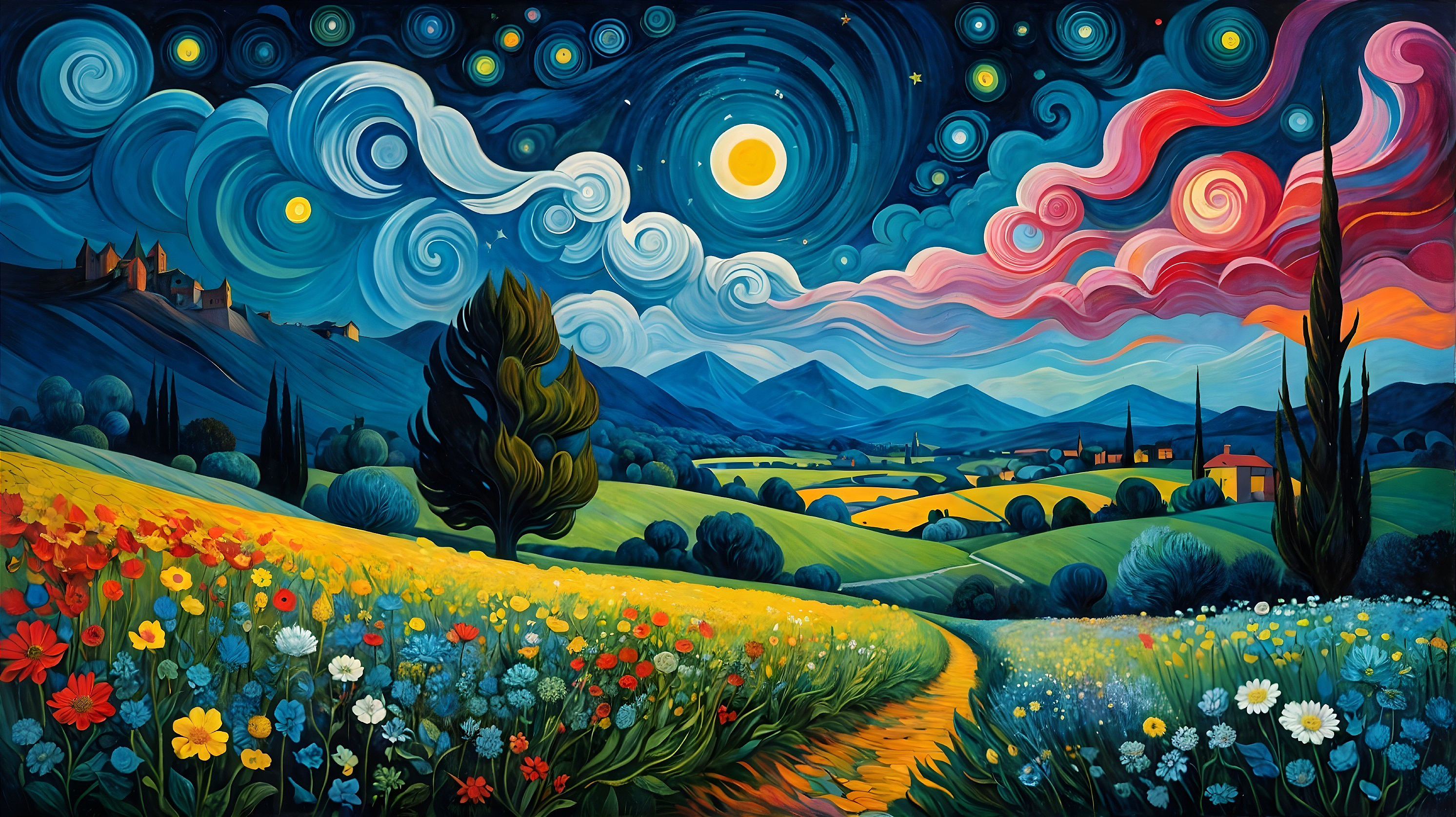 Vibrant Landscape with Rolling Hills and Moonlit Sky