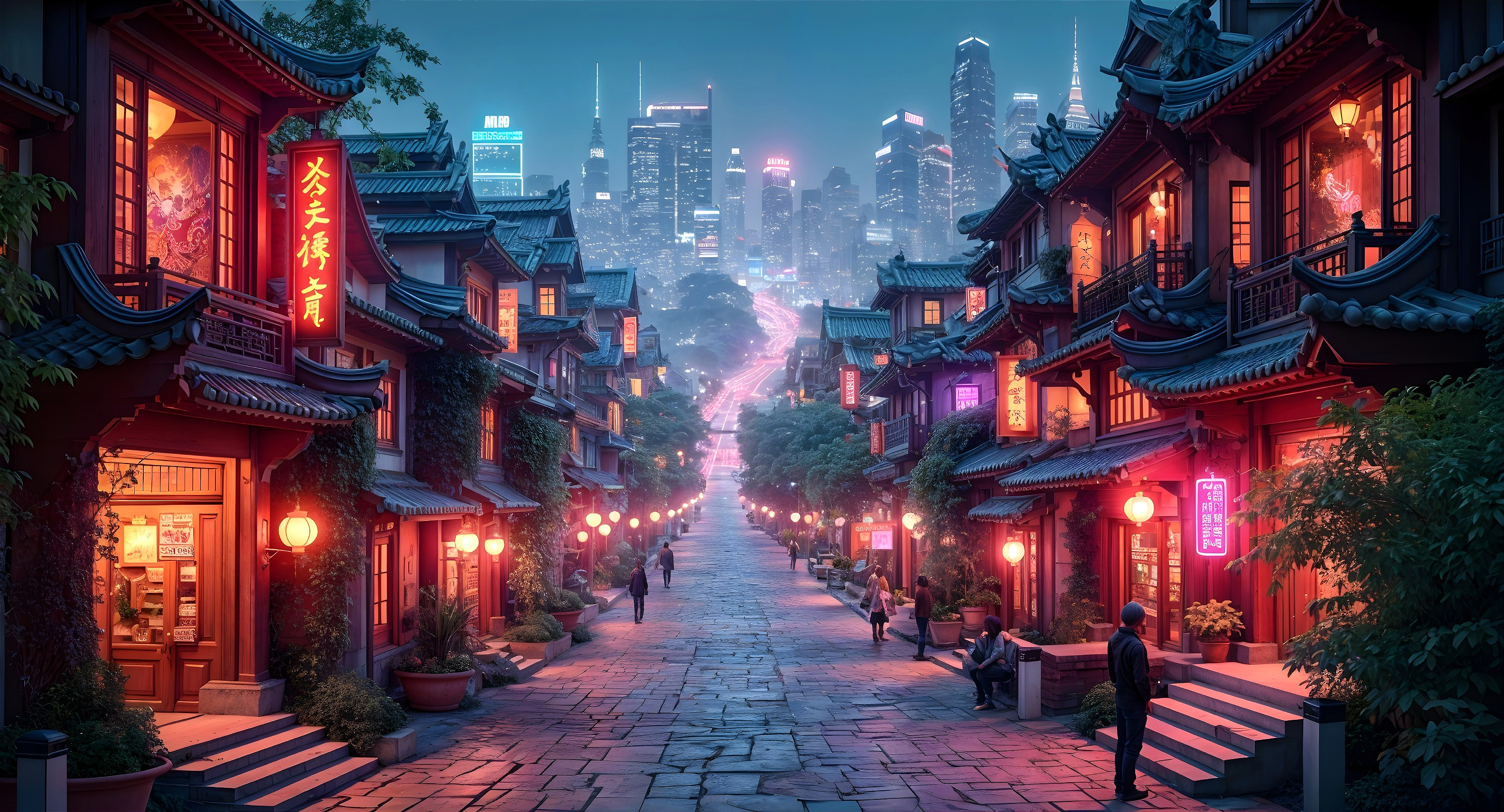 Vibrant Ancient-Style Street with Modern Skyline