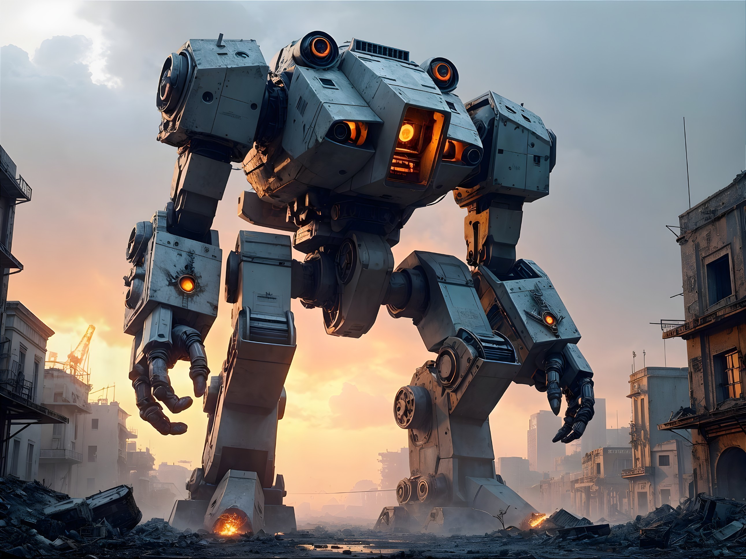 Humanoid Robot in Ruined City at Sunset