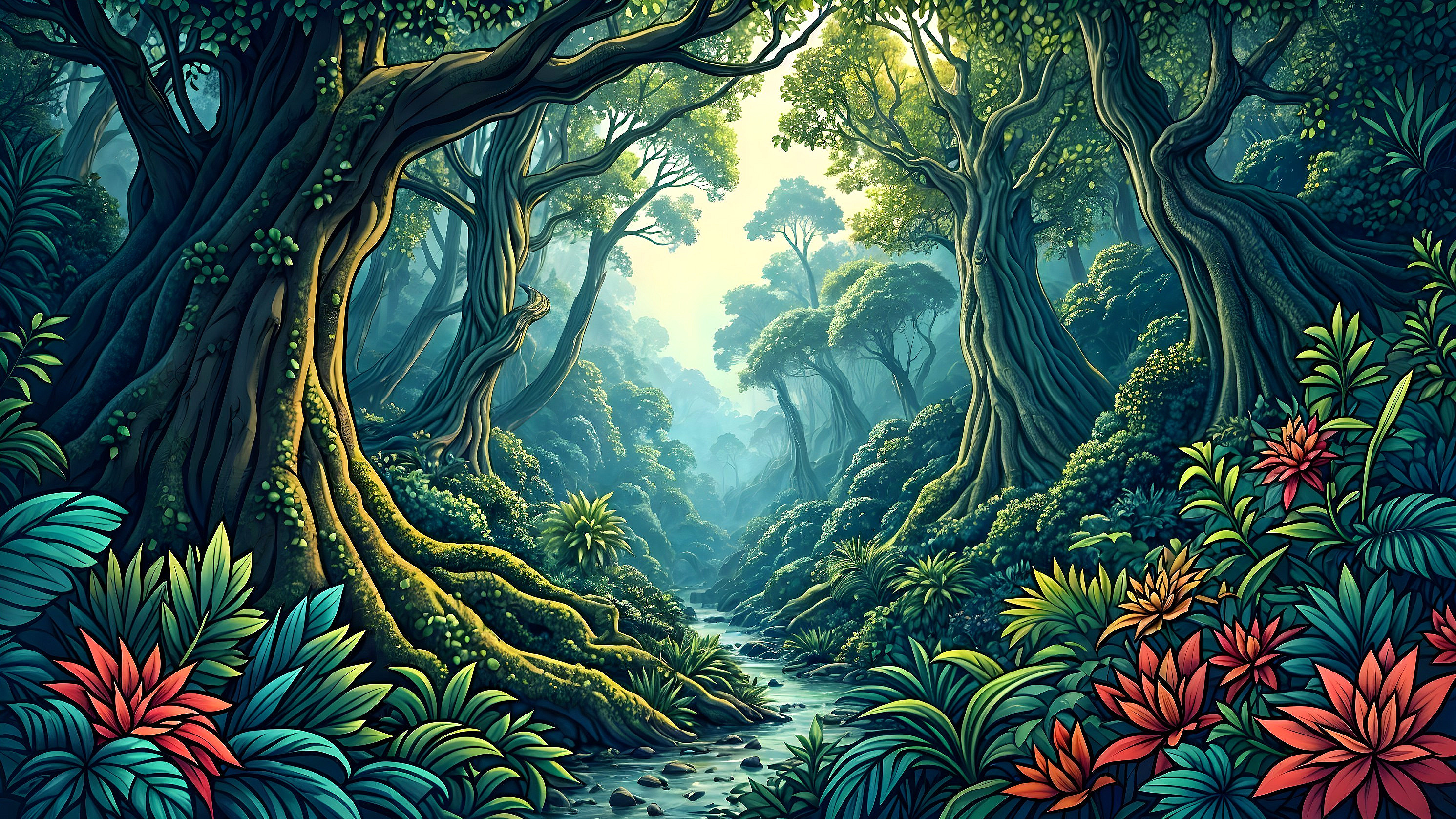 Vibrant Jungle Scene with Towering Trees and Stream