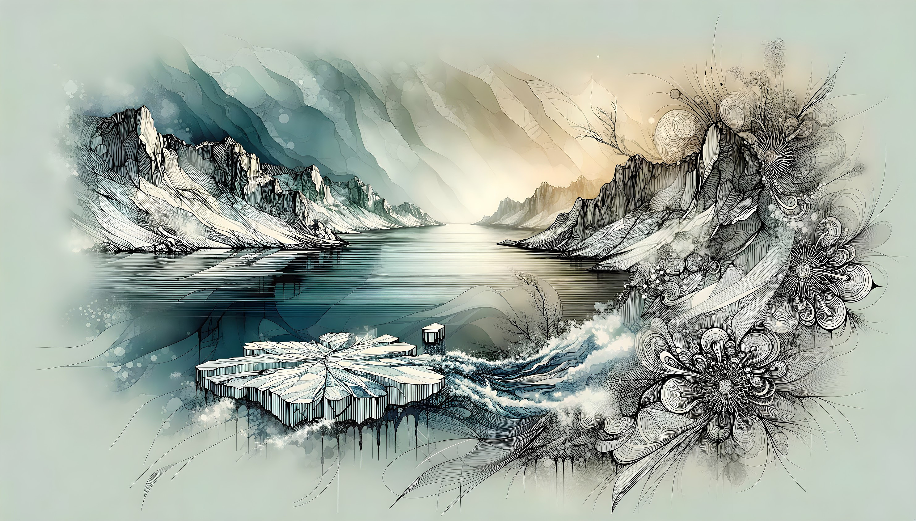 Digital Painting of a Frozen Lake and Mountains