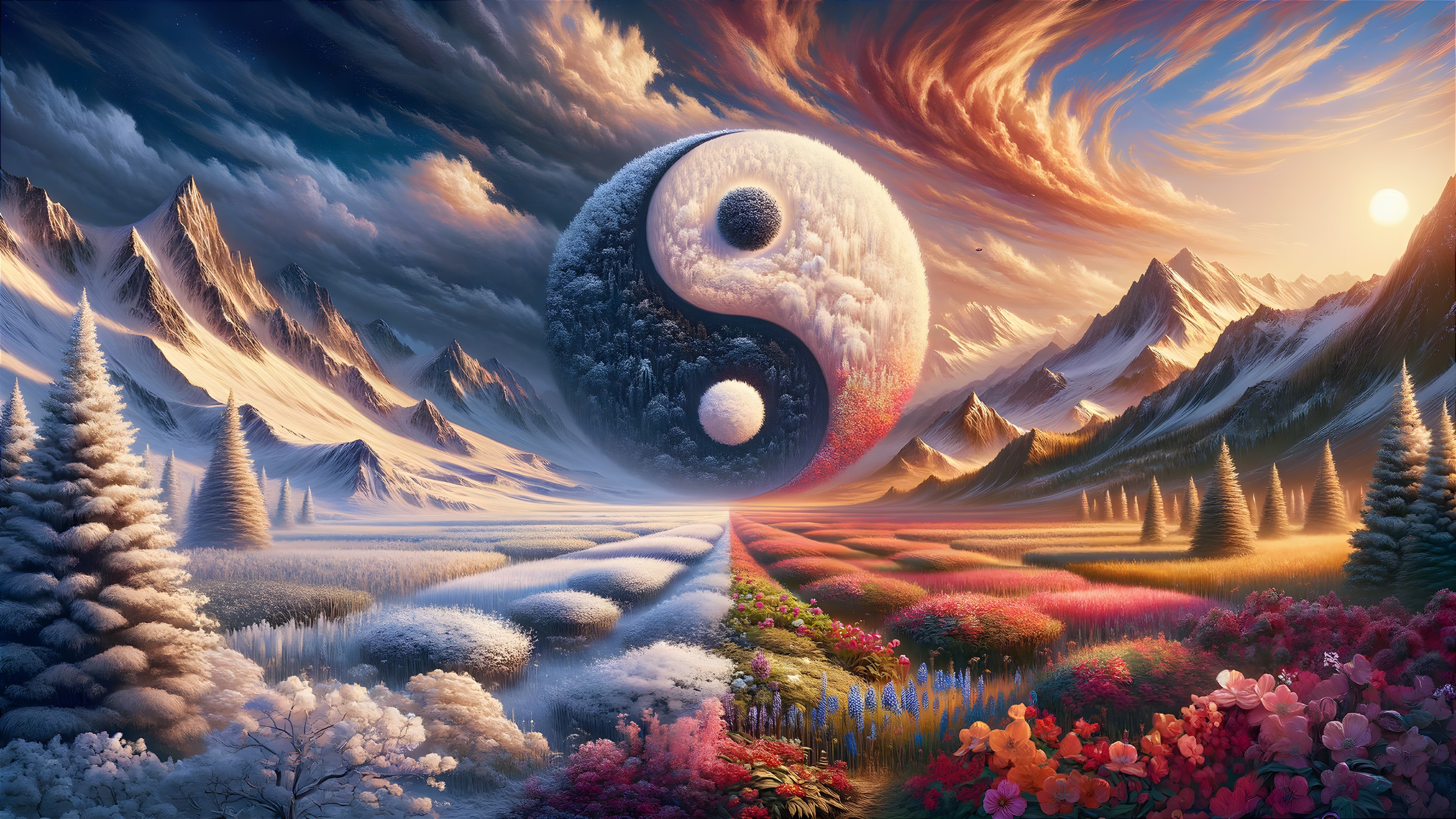 Winter and Spring Landscape with Yin-Yang Symbol