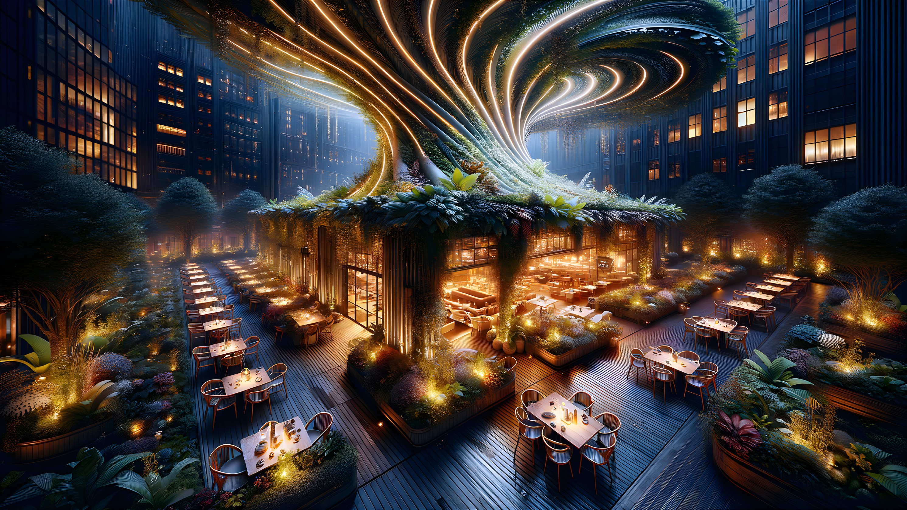 Outdoor Dining Area with Luminous Tree Structure