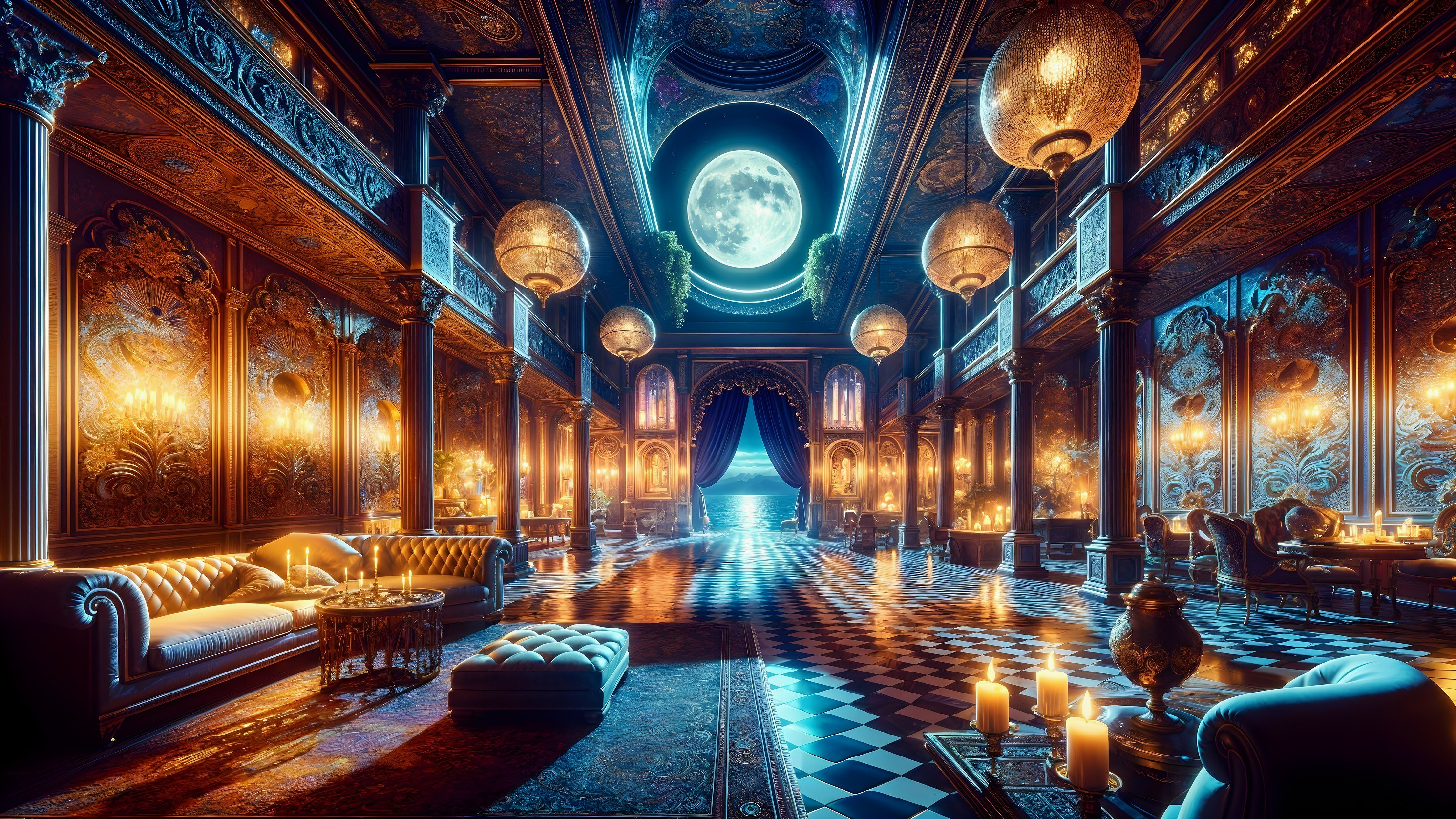 Luxurious Hall with Ornate Decor and Moonlit Views
