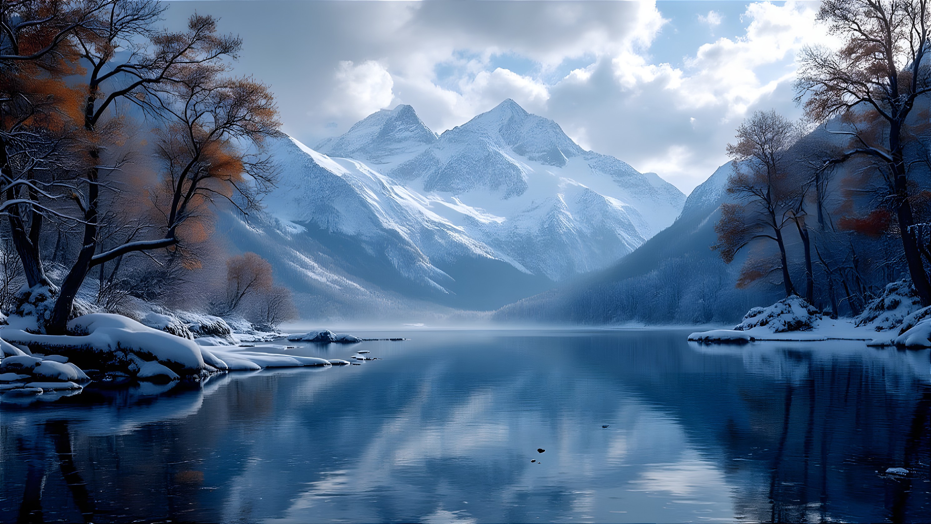 Serene Winter Landscape with Snow-Capped Mountains