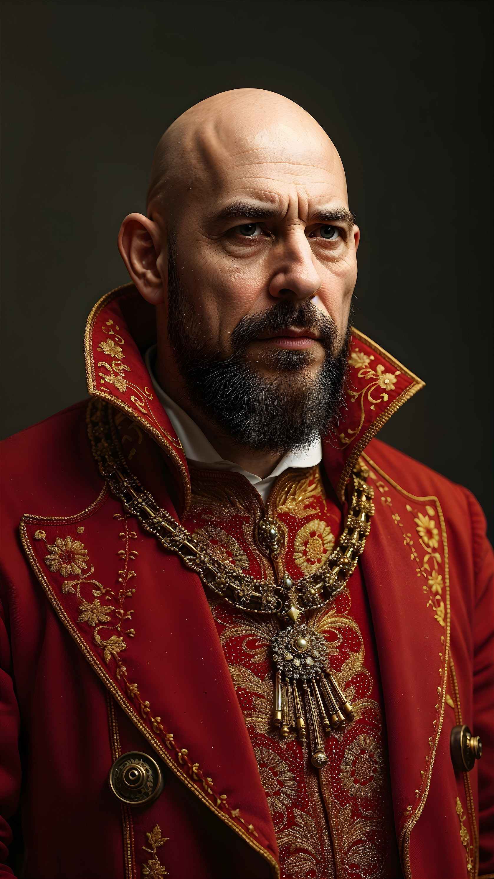 Regal Figure in Embroidered Red Coat and Gold Detail