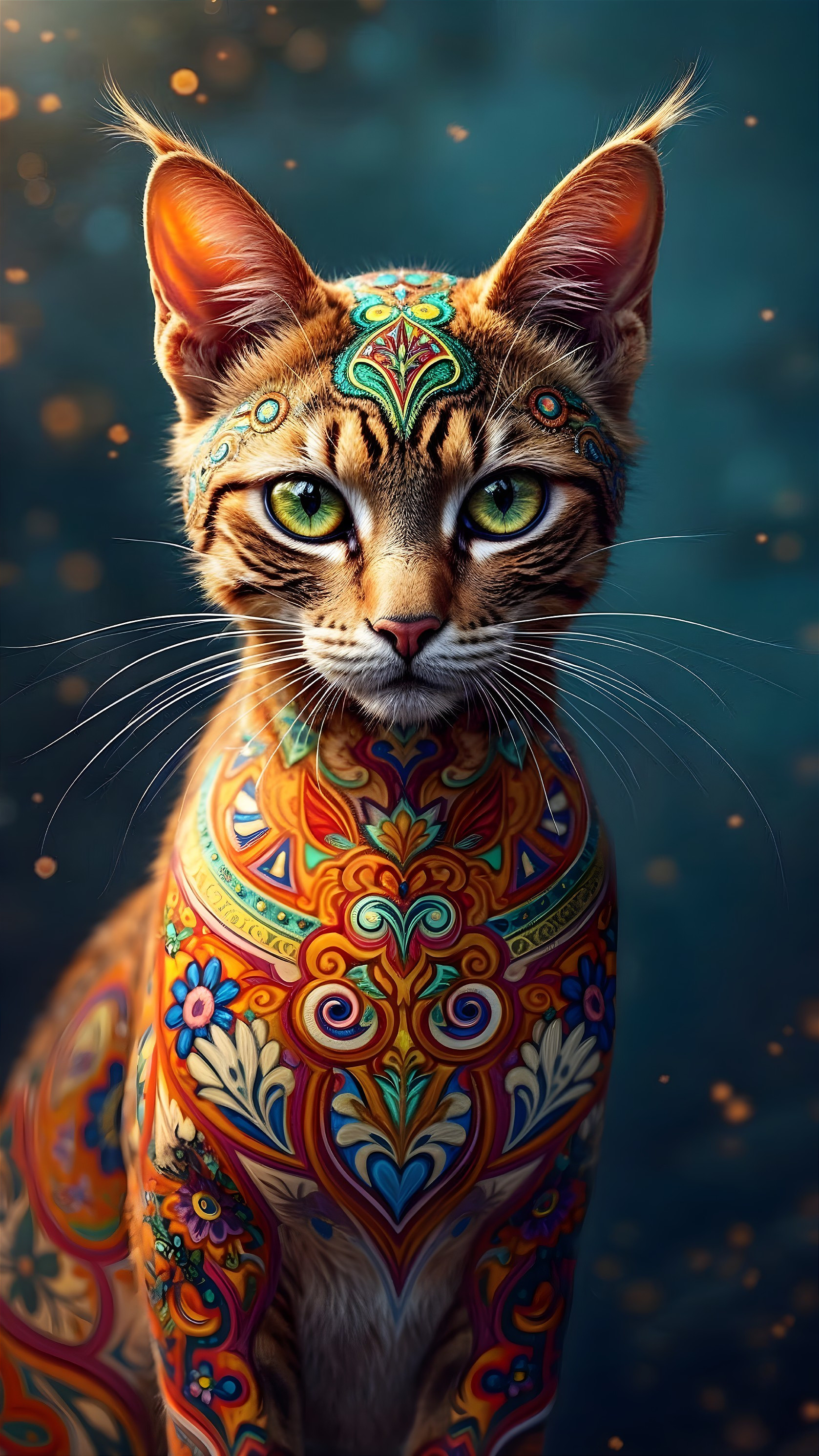 Colorful Body Art on a Cat with Bright Green Eyes