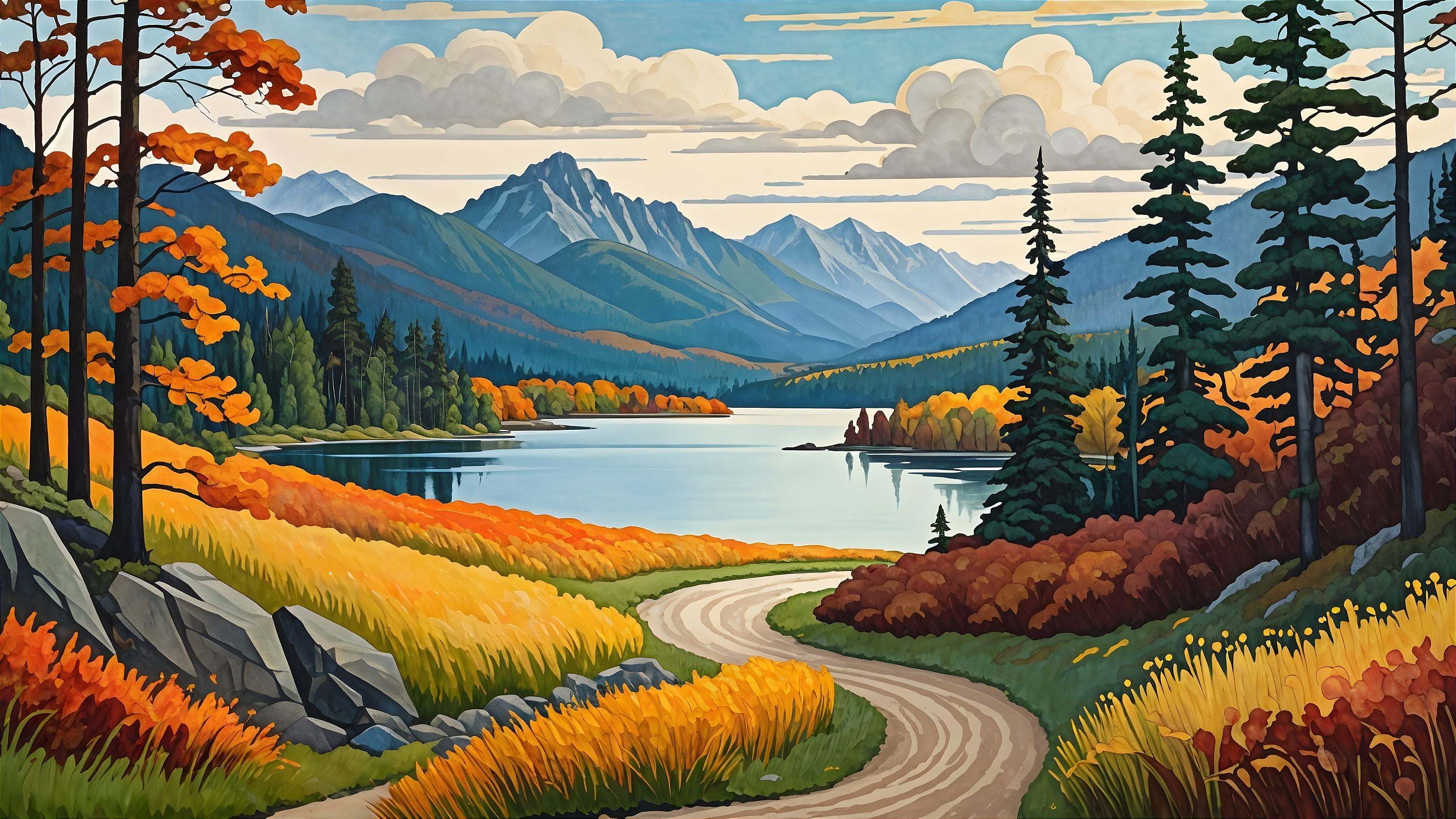 Serene Autumn Landscape with Winding Dirt Road