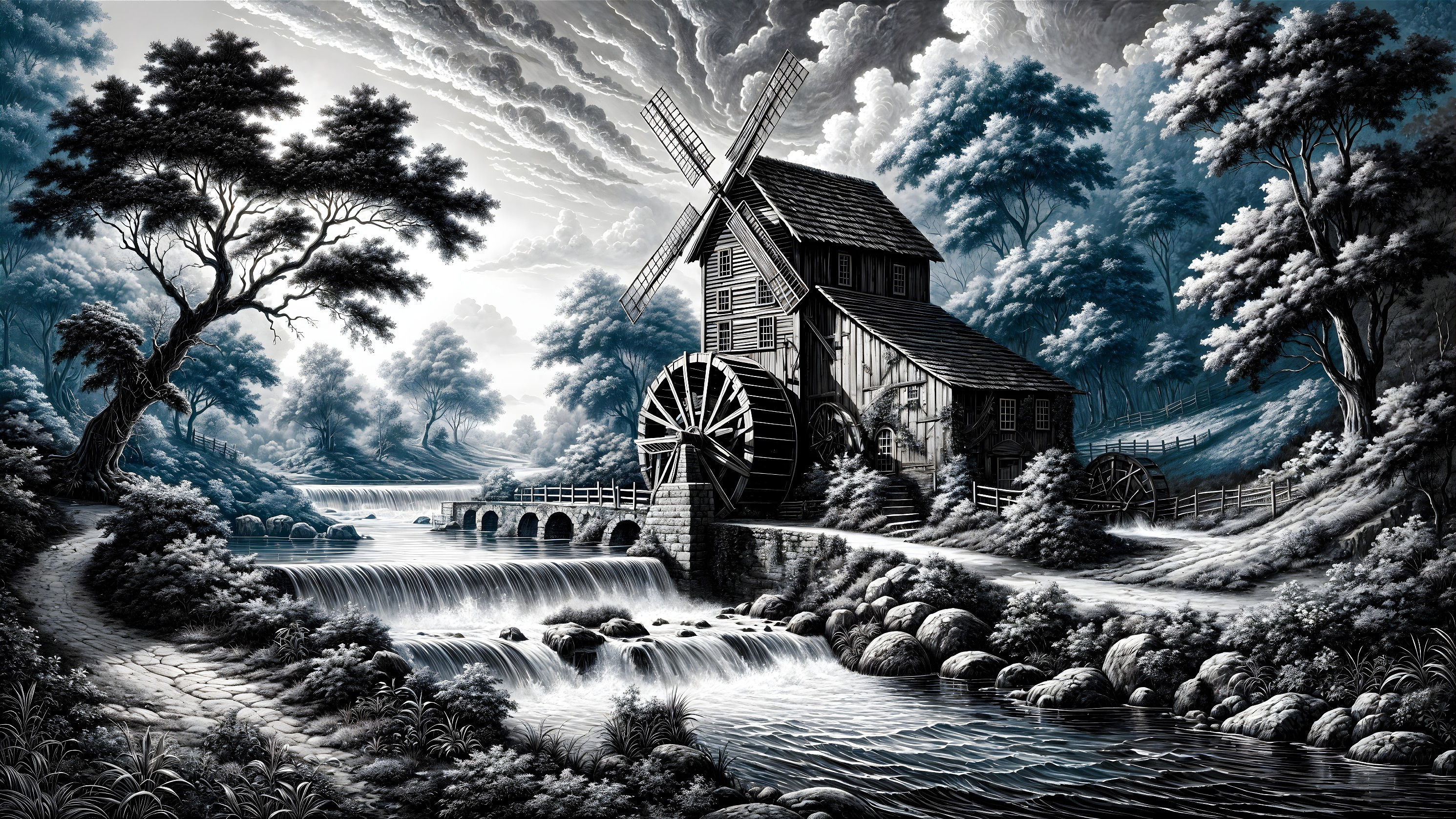 Black-and-white landscape with windmill and river