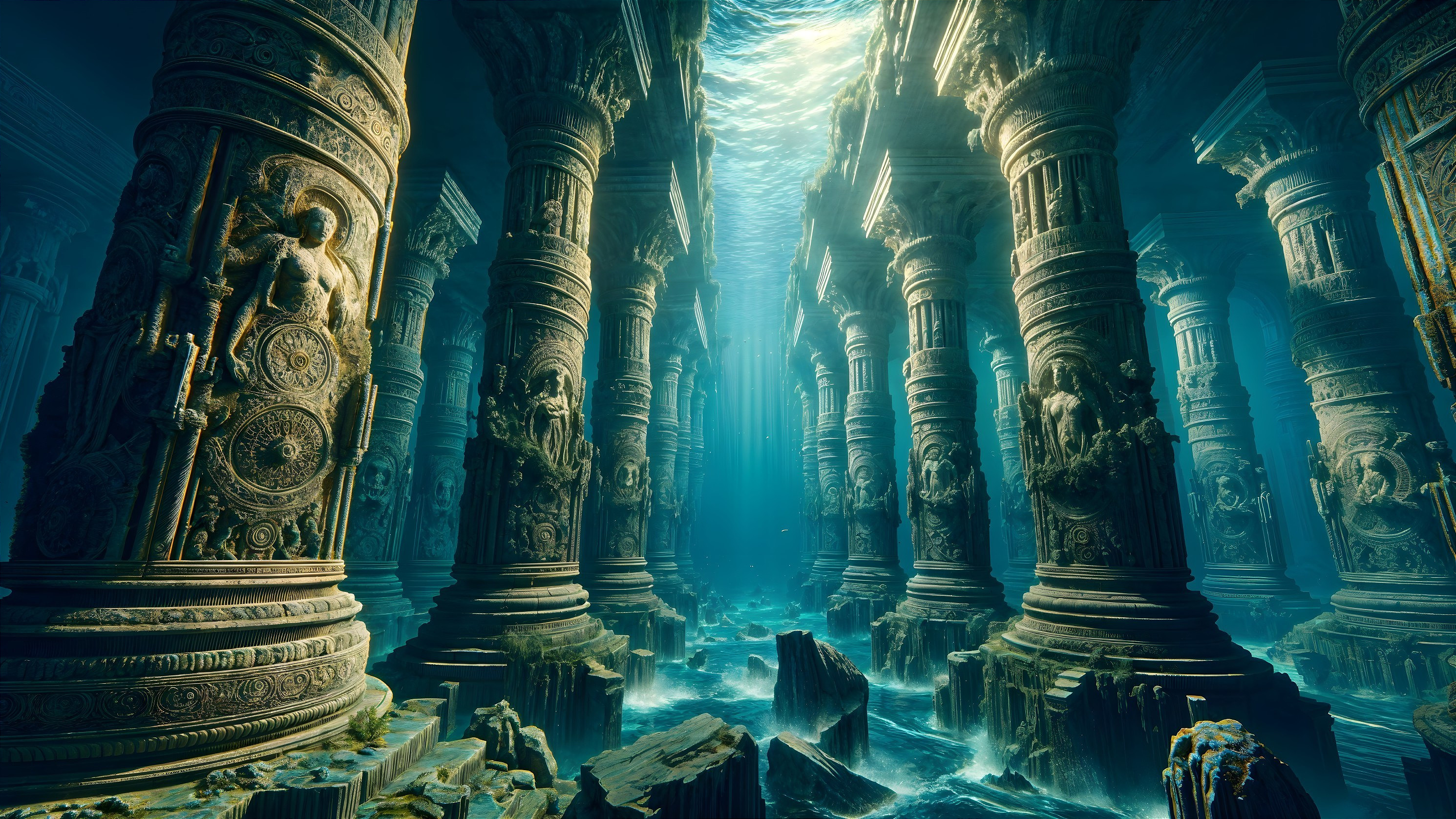 Underwater Scene with Carved Pillars and Ancient Ruins