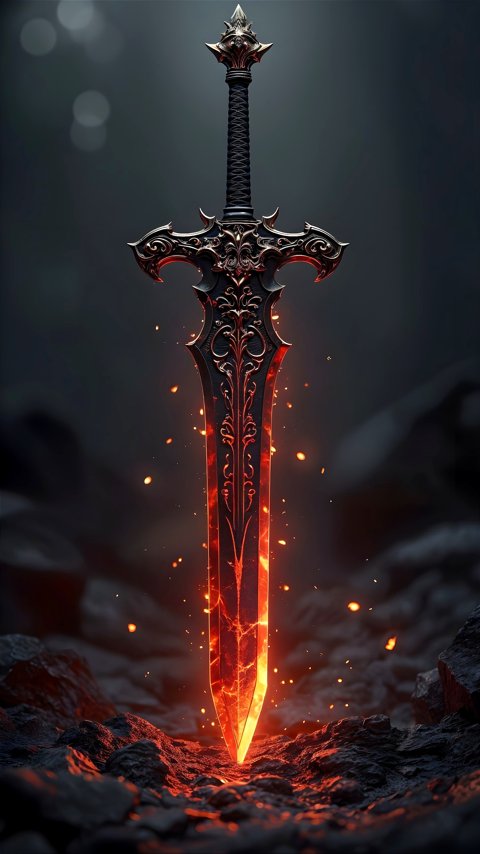Intricate Sword with Fiery Blade on Rocky Surface