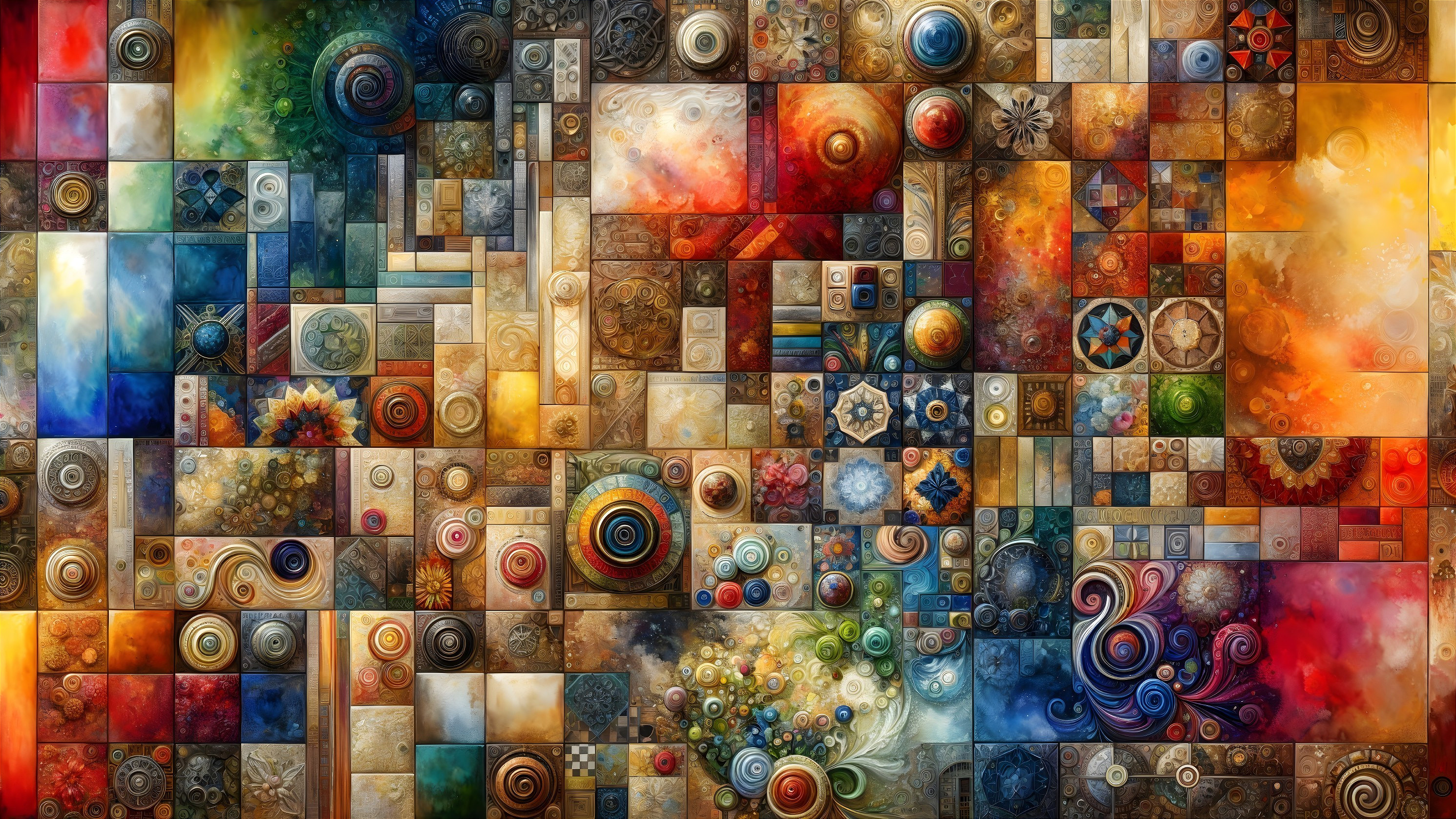 Vibrant Mosaic Artwork with Geometric and Floral Patterns