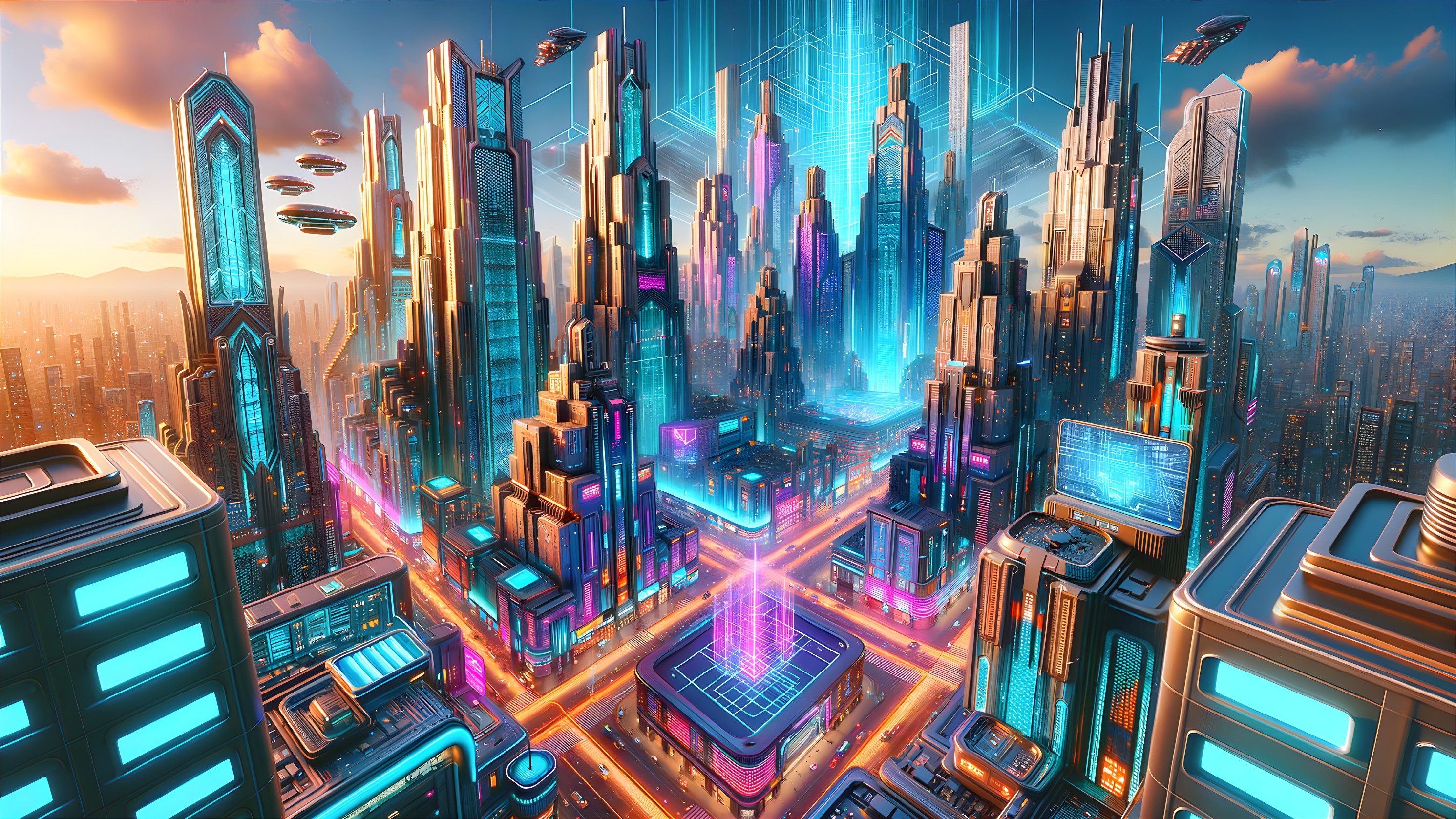 Futuristic cityscape with skyscrapers and hover vehicles
