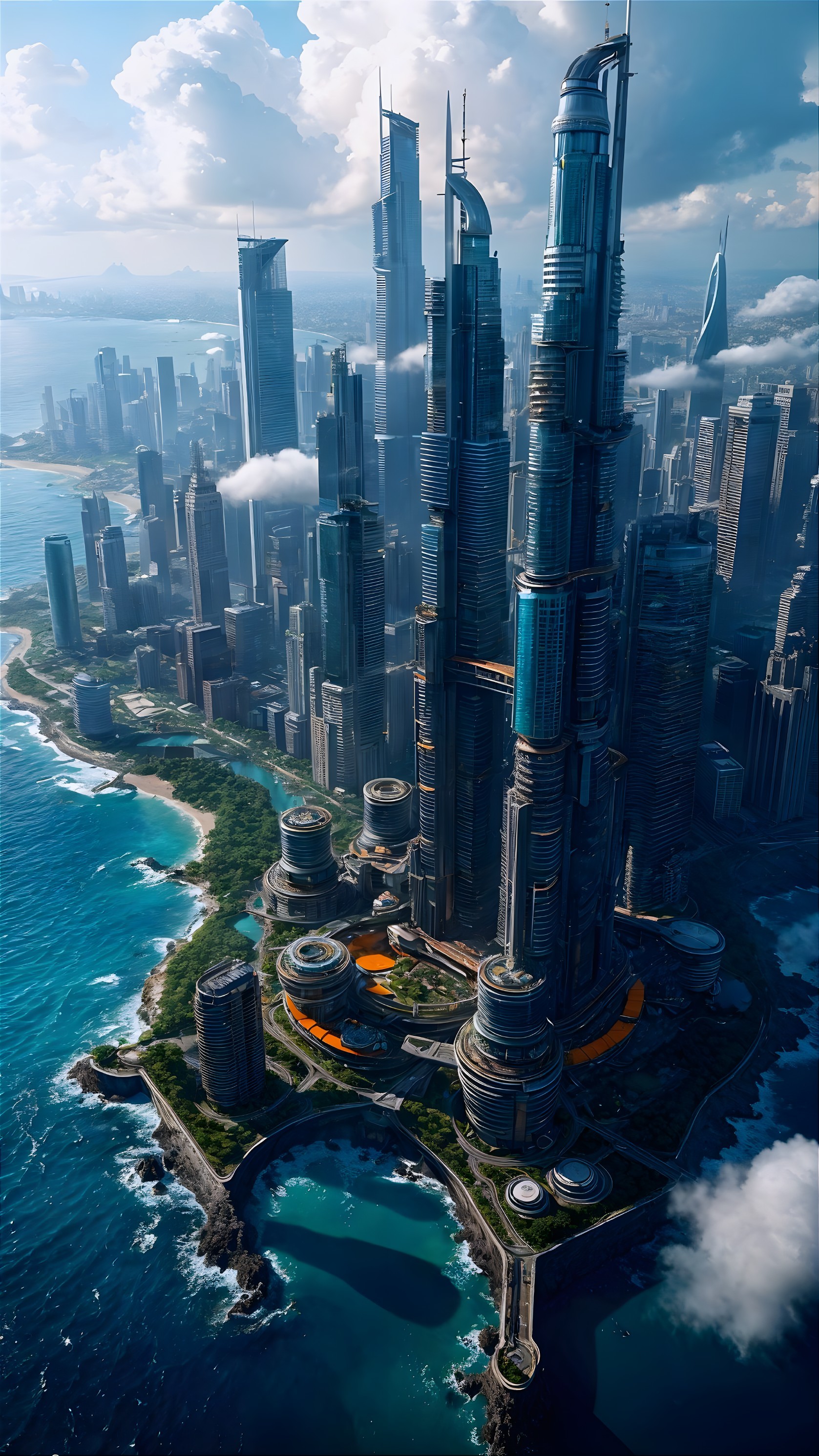 Aerial View of a Futuristic Coastal Cityscape