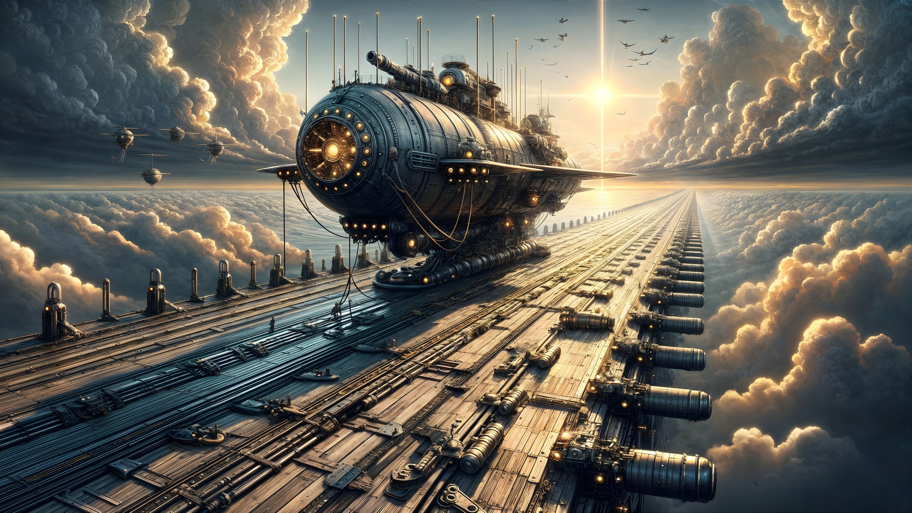 Steampunk Airship Docked on Futuristic Cloud Platform