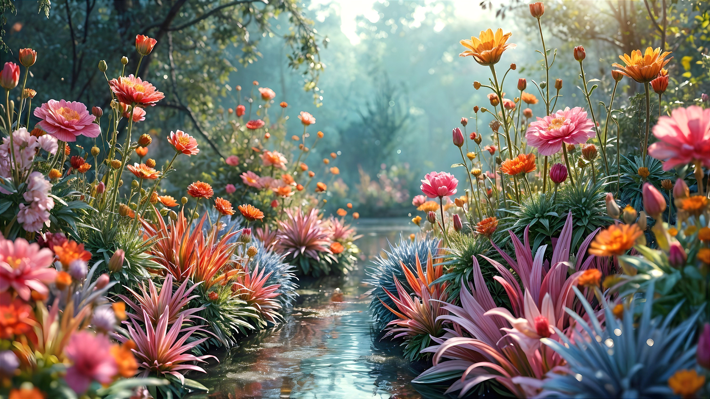 Vibrant Garden by a Serene Sparkling Stream