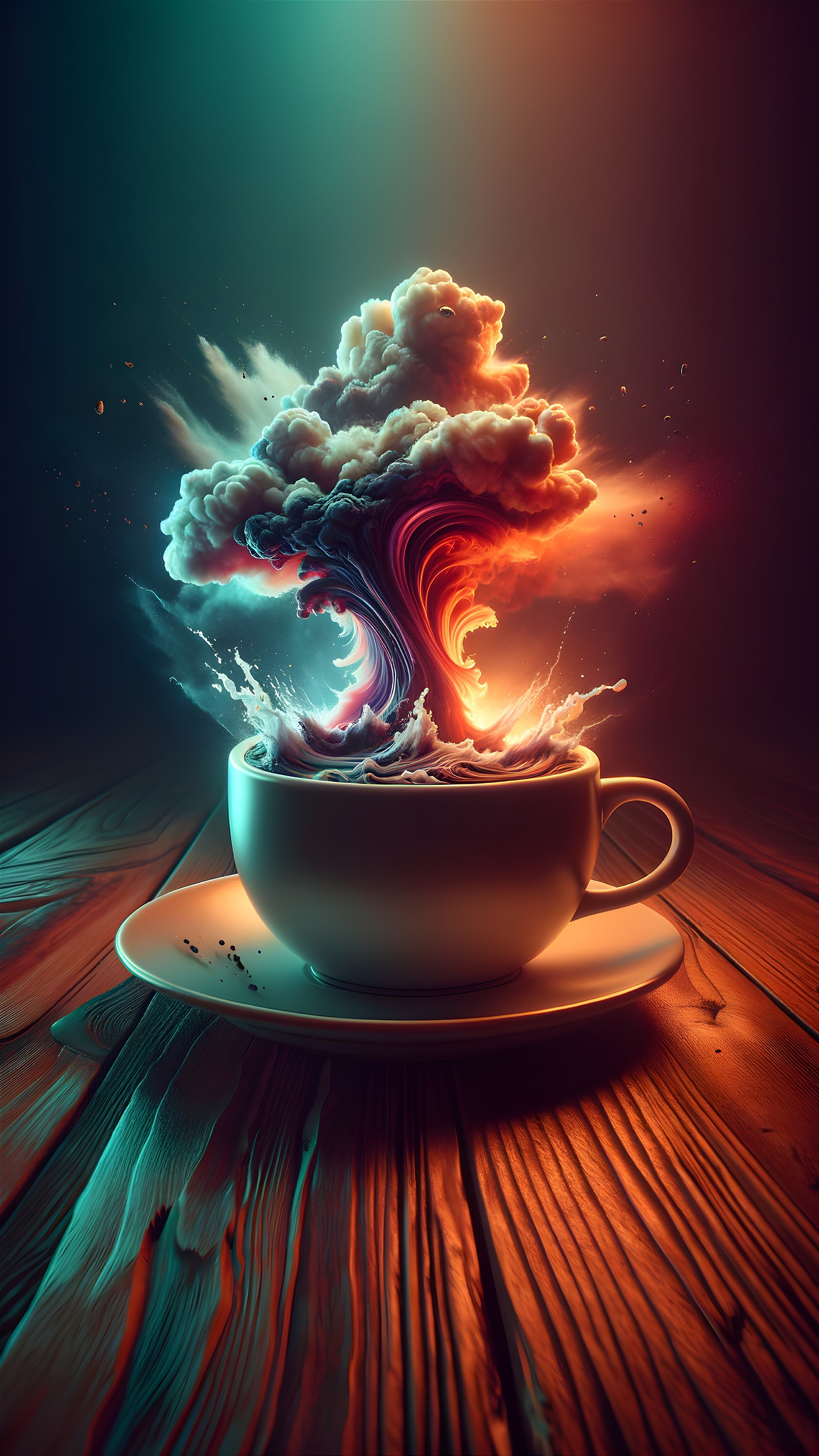 Surreal Scene of Cup with Colorful Explosive Waves