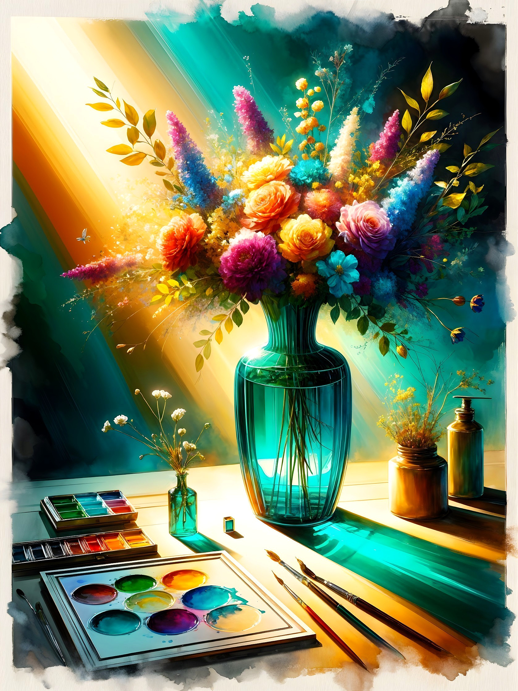 Vibrant Flower Arrangement in Glass Vase with Palette