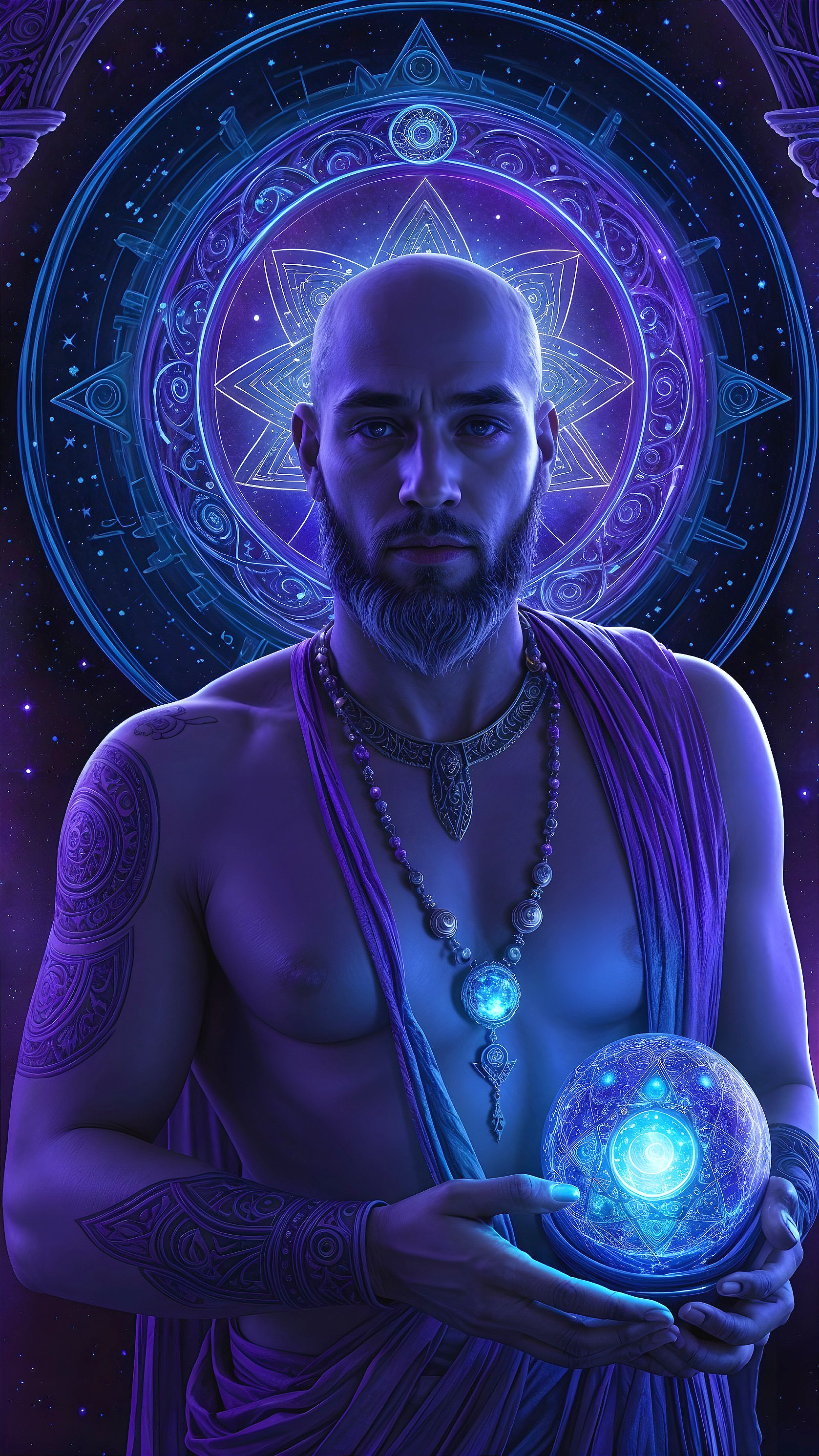 Serene Figure in Purple Robes with Glowing Orb