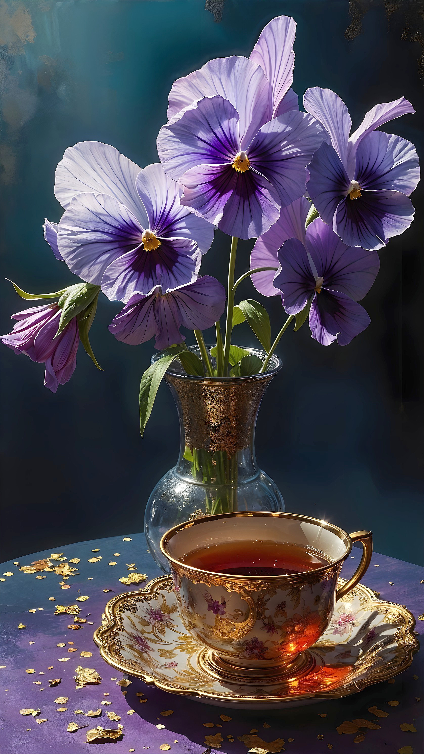 Delicate tea cup and vibrant pansies on ornate plate