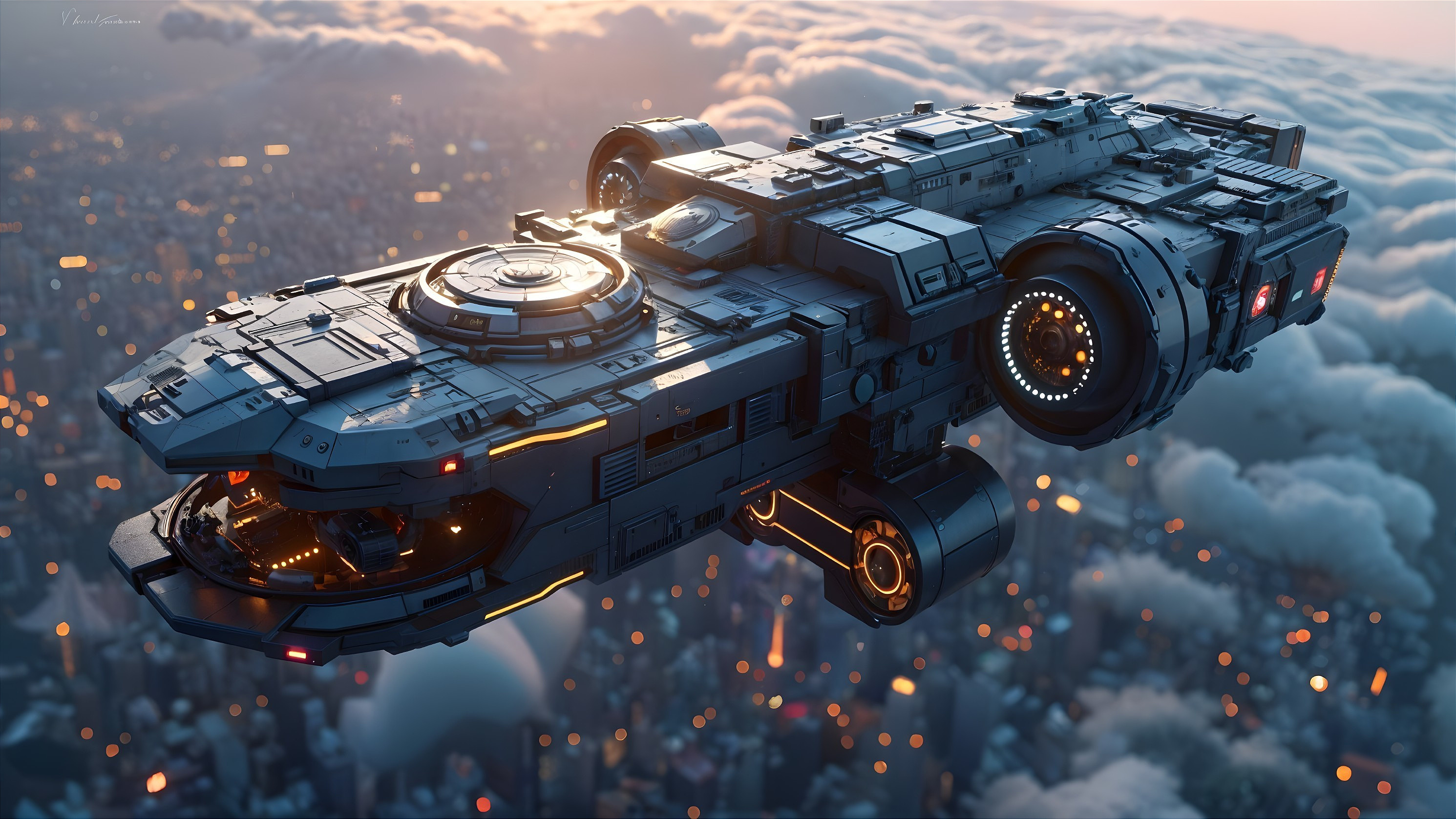 Futuristic spacecraft over cityscape at sunset