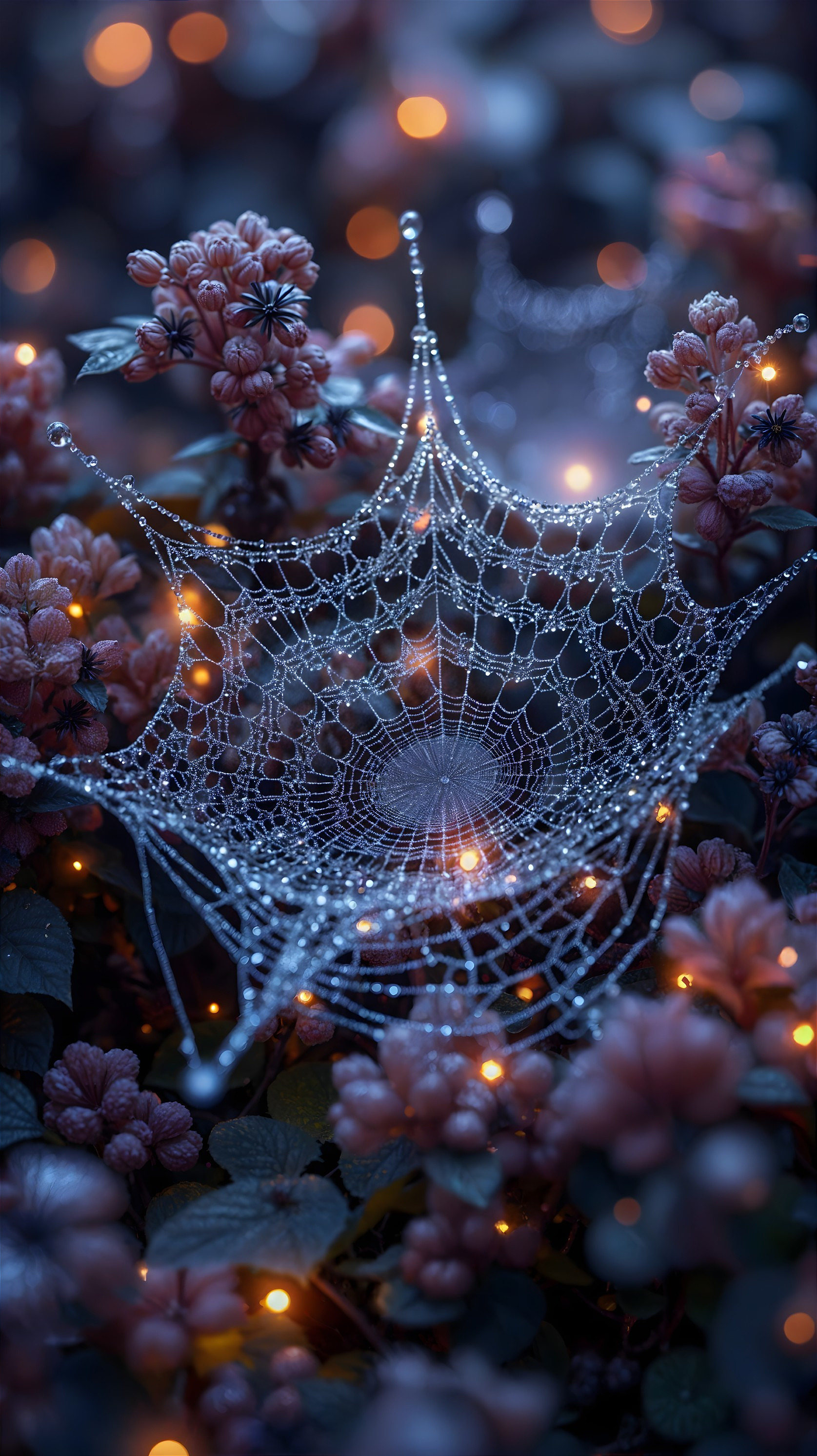 Delicate Spider Web with Dew Among Pink Flowers