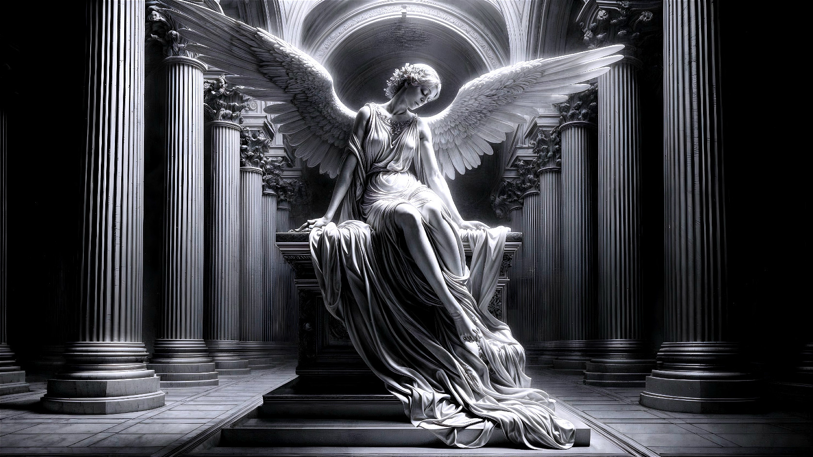 White Marble Angel Statue with Detailed Wings