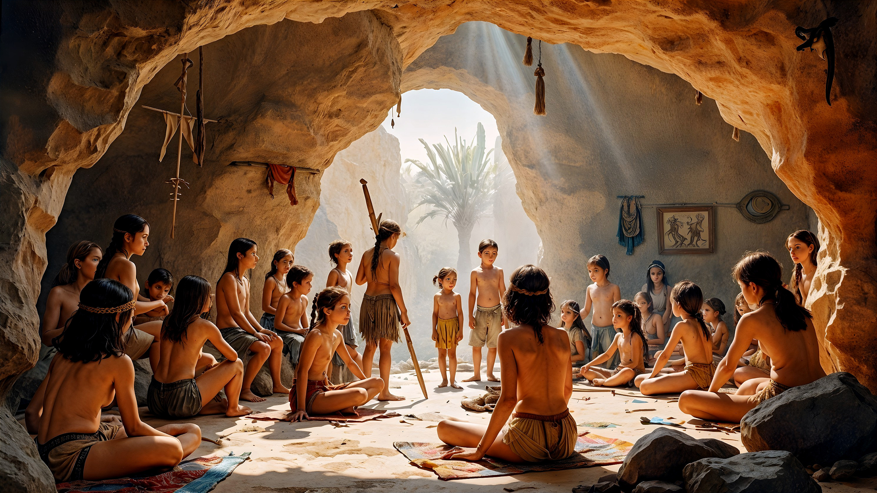 Children Playing and Storytelling in Prehistoric Cave
