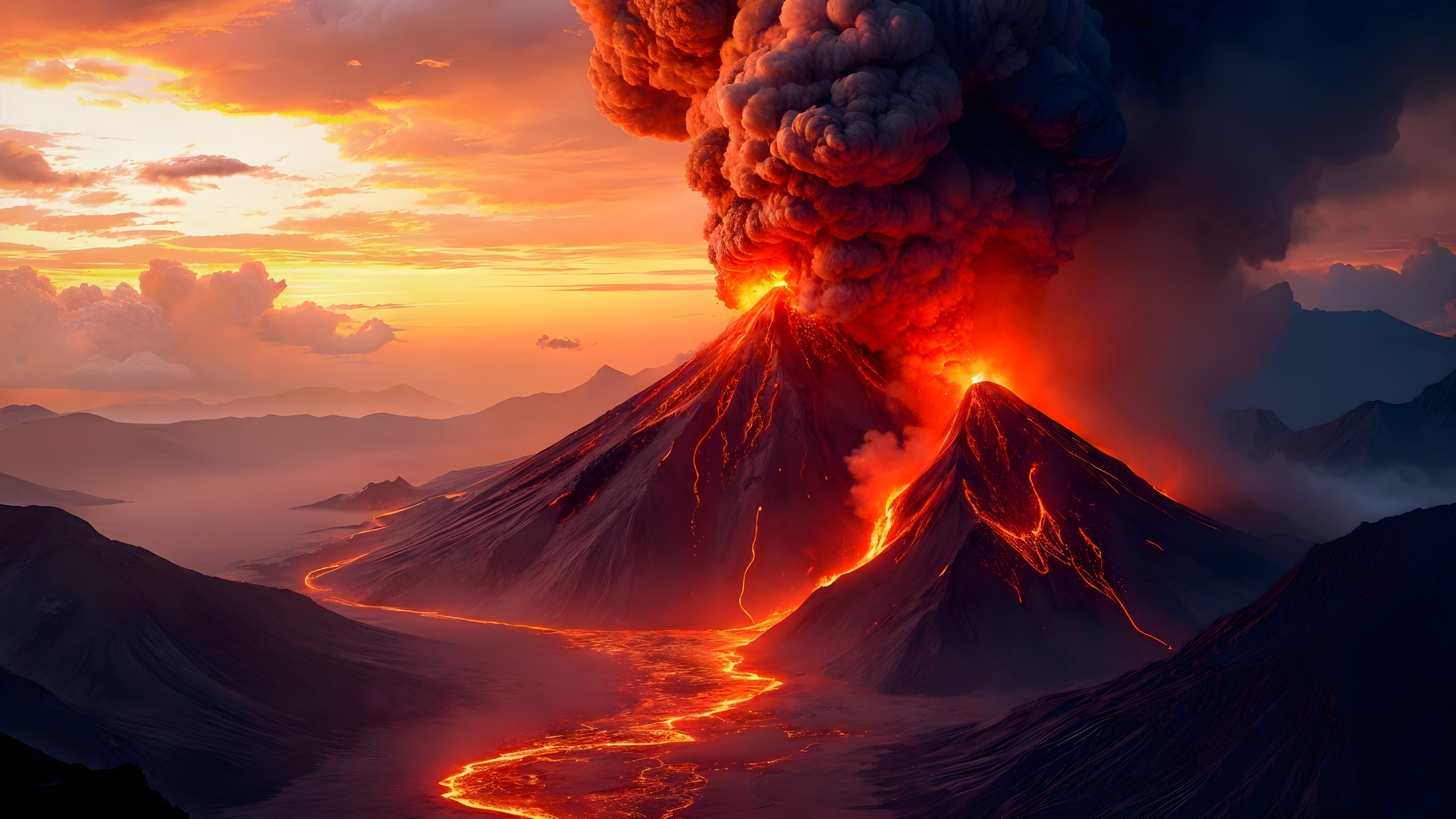 Dramatic Volcanic Eruption with Lava and Ash Clouds