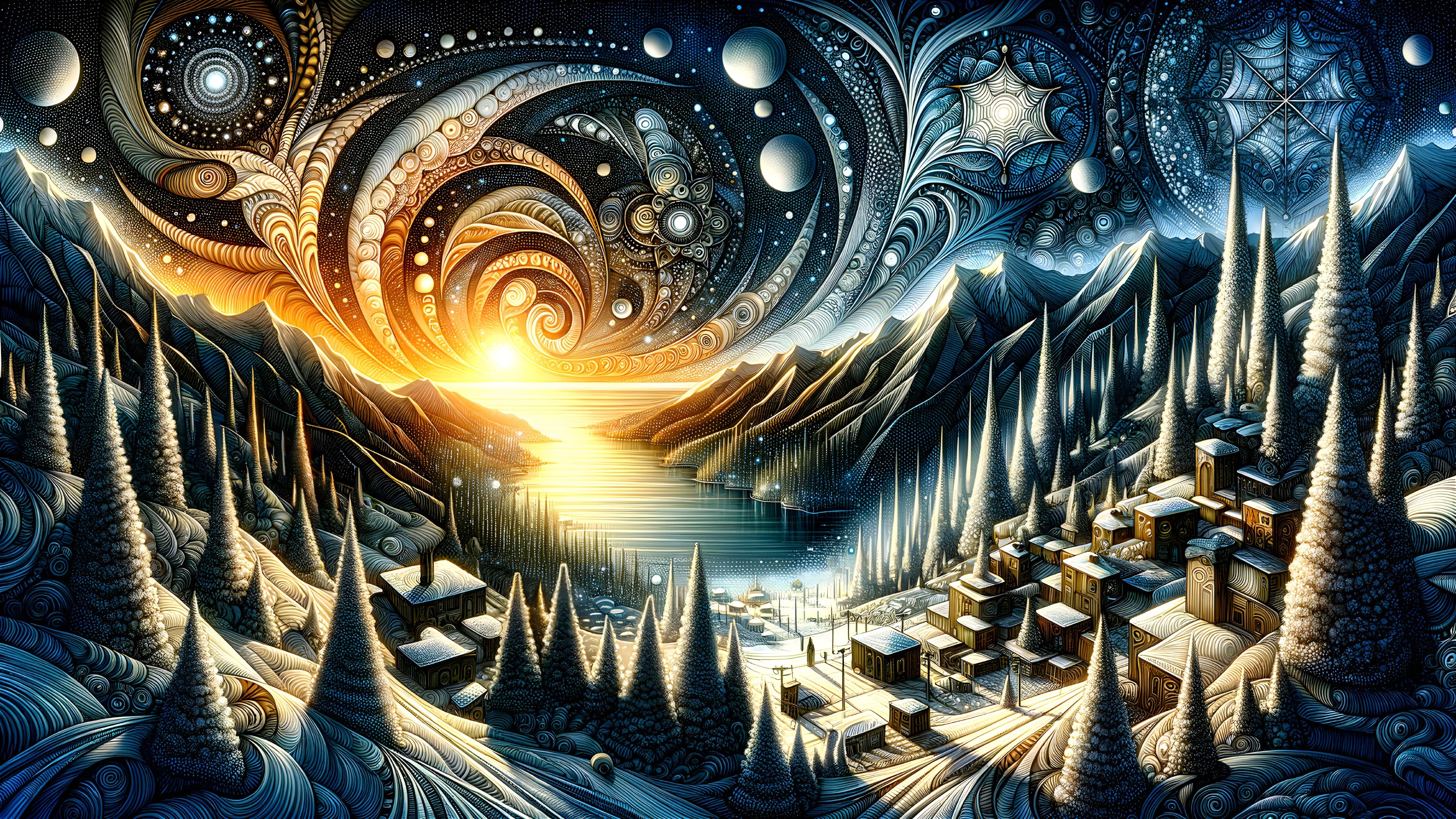 Detailed surreal artwork: Cosmic sky, mountain landscape, pine trees, cabins, lake.