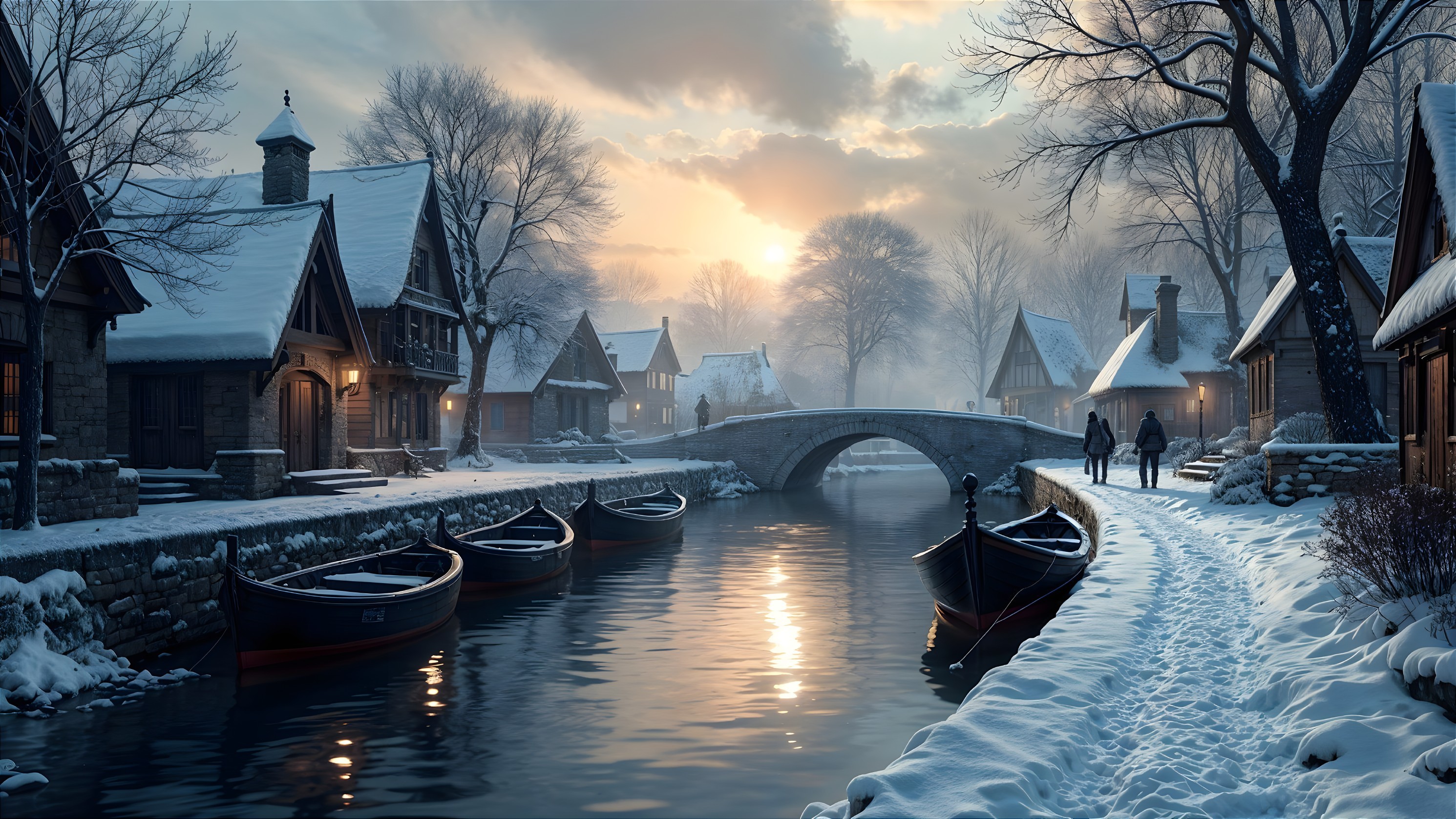 Winter Village Scene by a Snow-Covered Canal