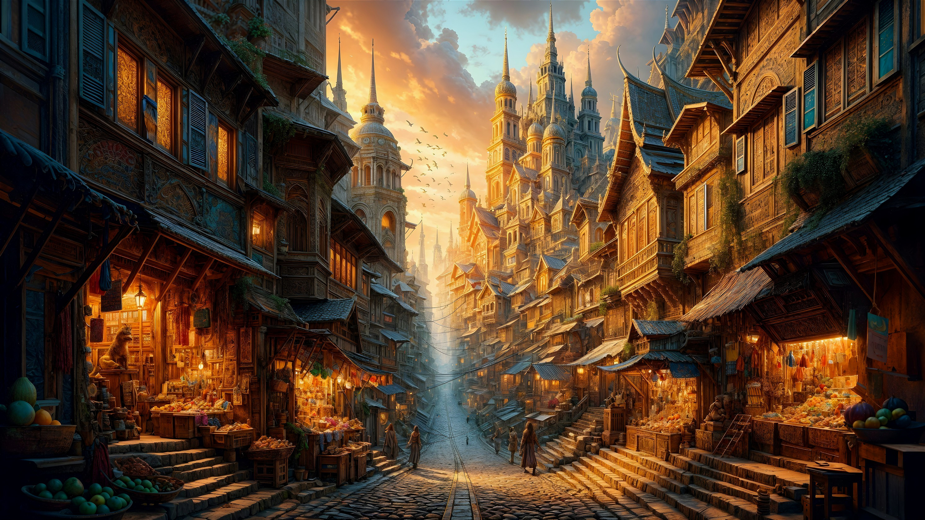 Fantastical Market Street with Vibrant Stalls and Spires