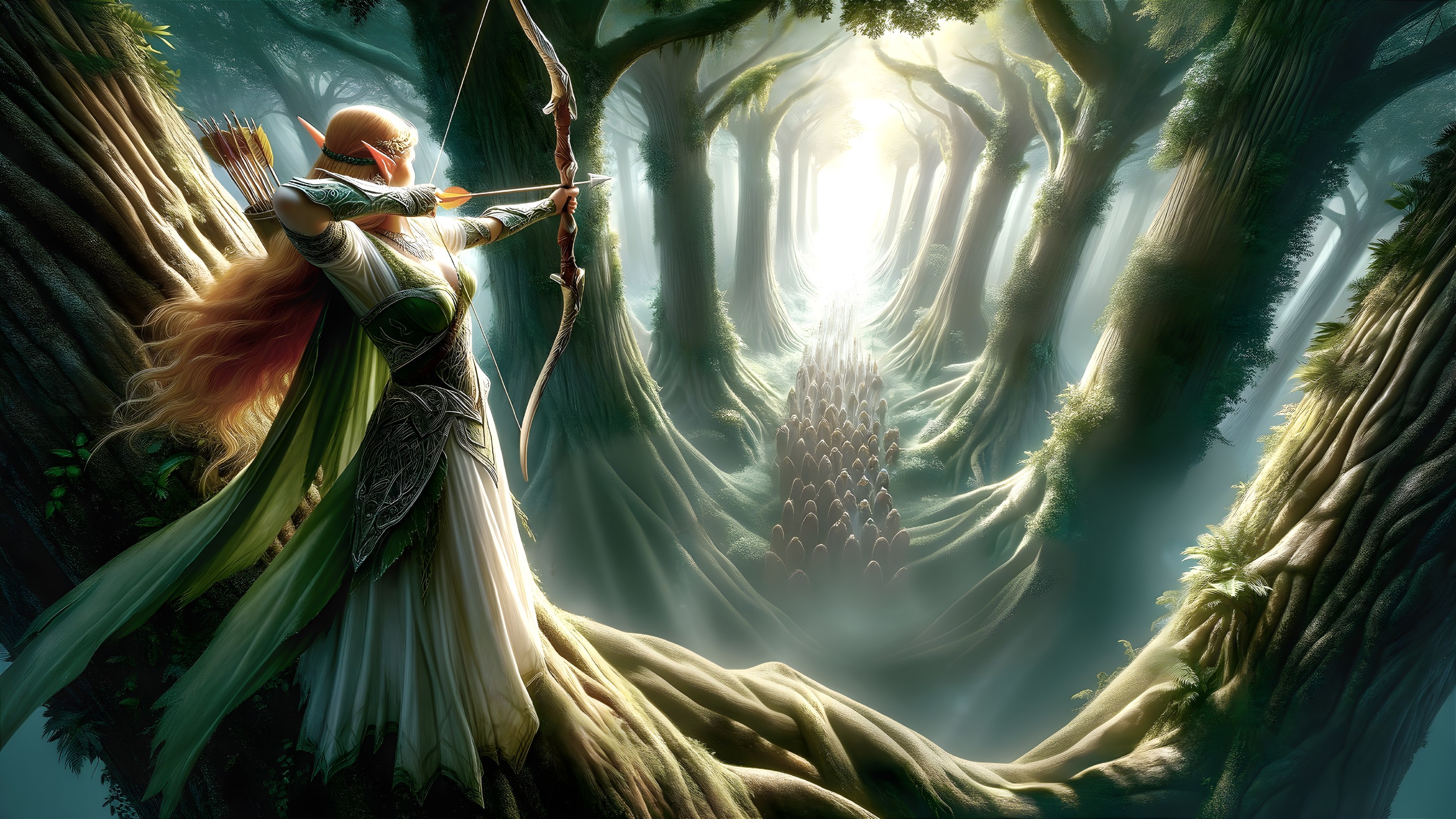 Elven Archer Poised on Tree Branch in Enchanted Forest