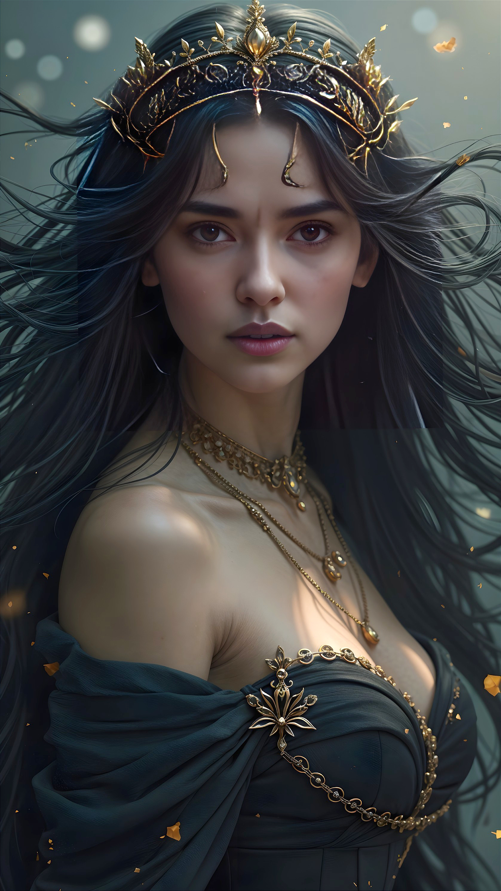 Regal woman in gown with crown and mystical ambiance