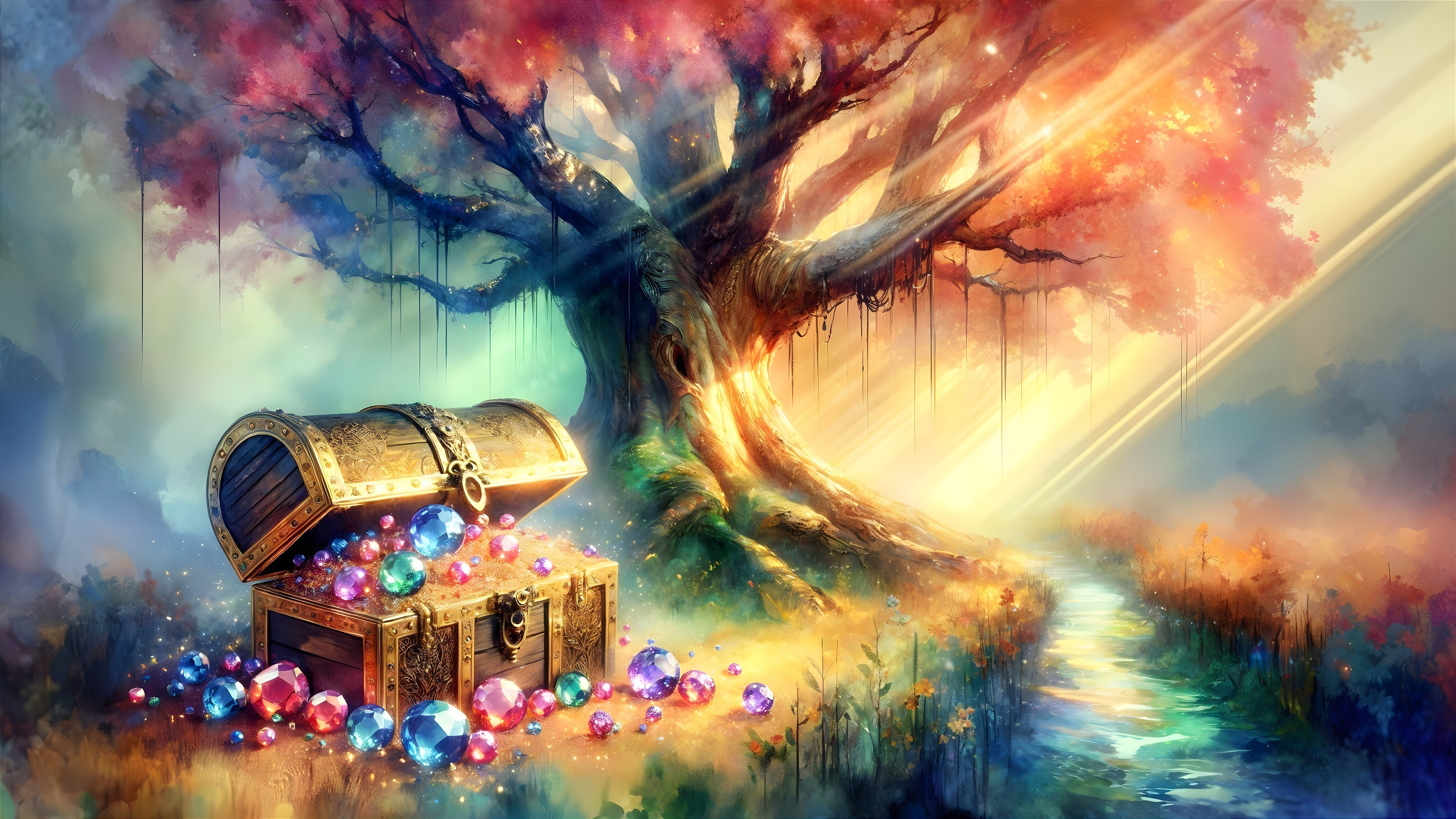 Ancient Tree with Colorful Leaves and Treasure Chest