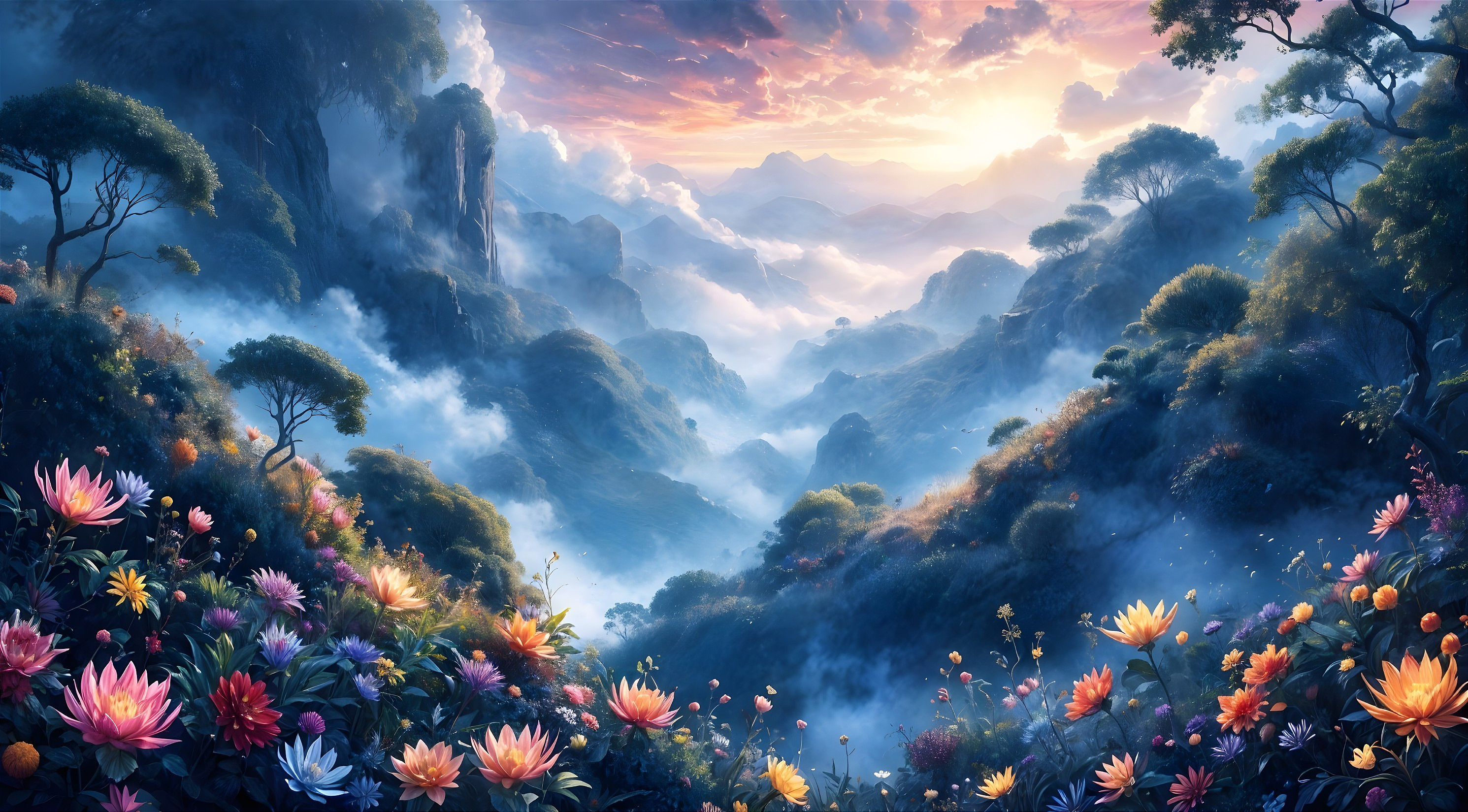 Tranquil Valley Surrounded by Majestic Mountains at Sunset