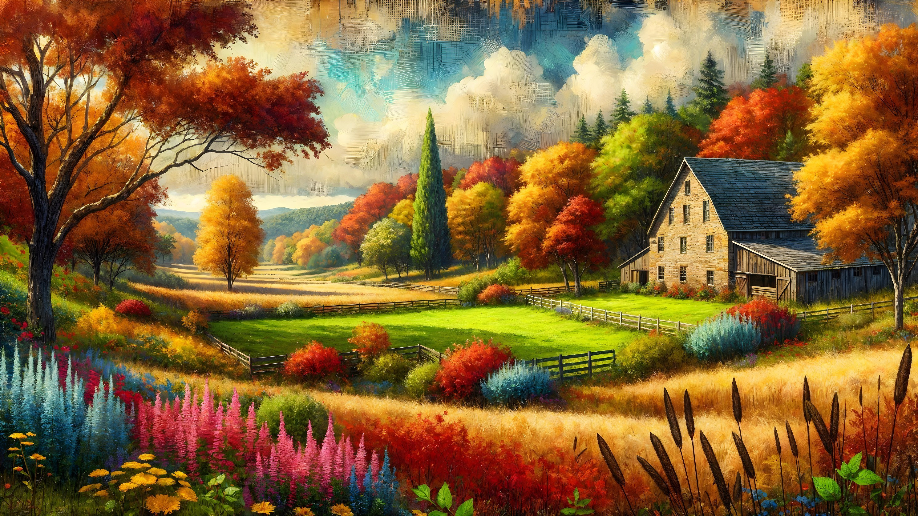 Autumn Landscape with Farmhouse and Colorful Foliage