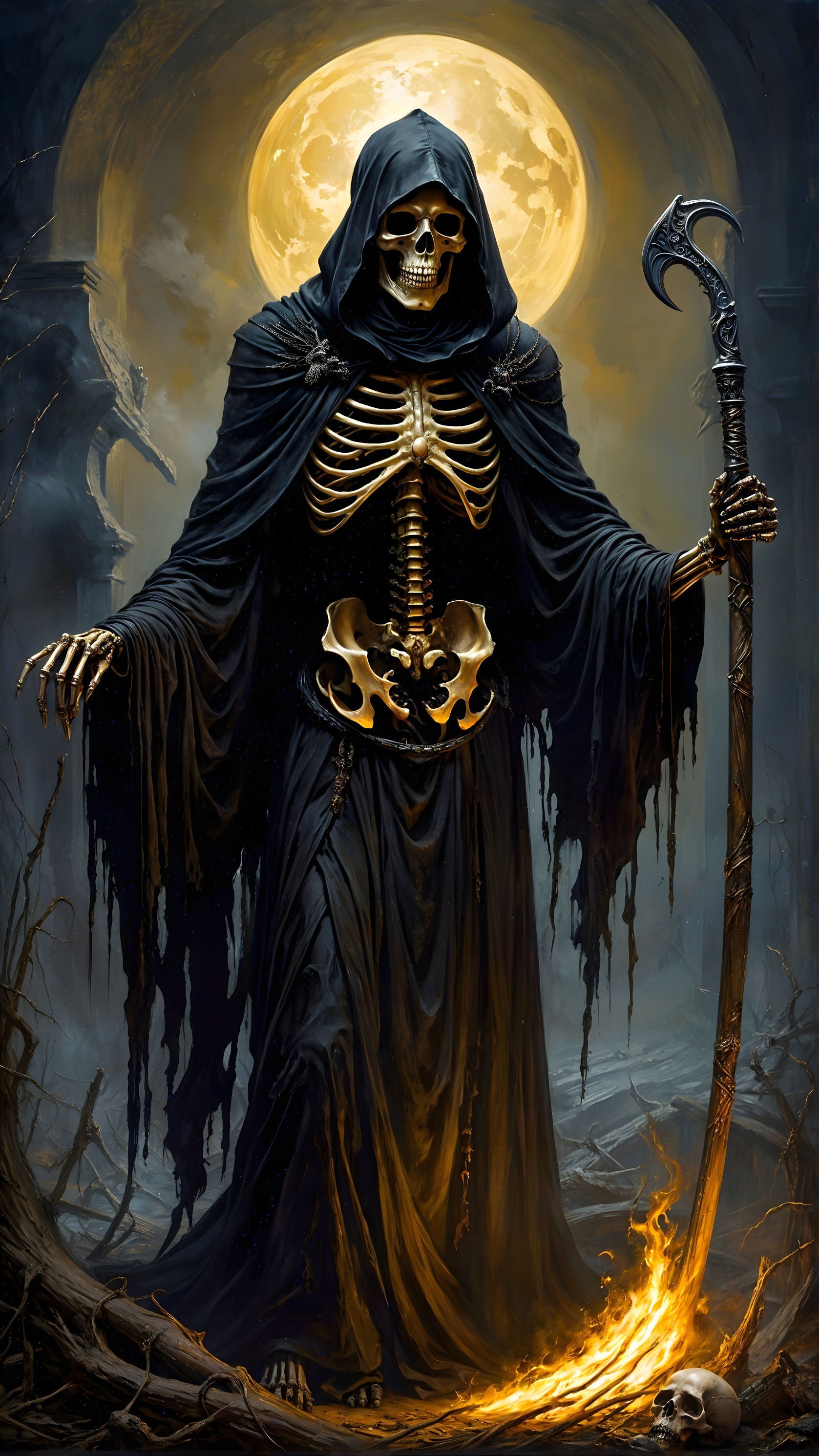 Cloaked Skeletal Figure in Eerie Moonlit Landscape