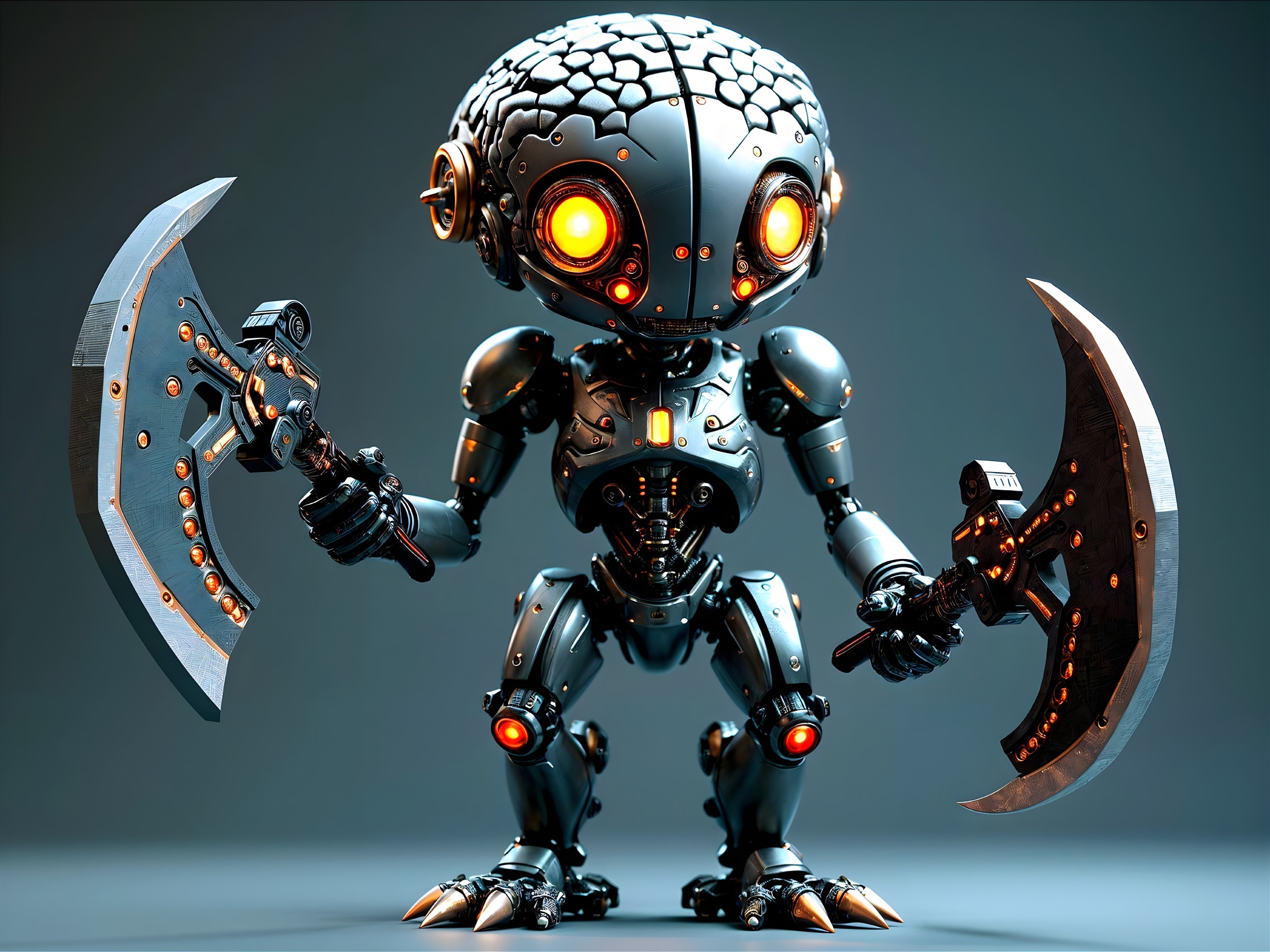 Futuristic robot with brain-like head and double axes