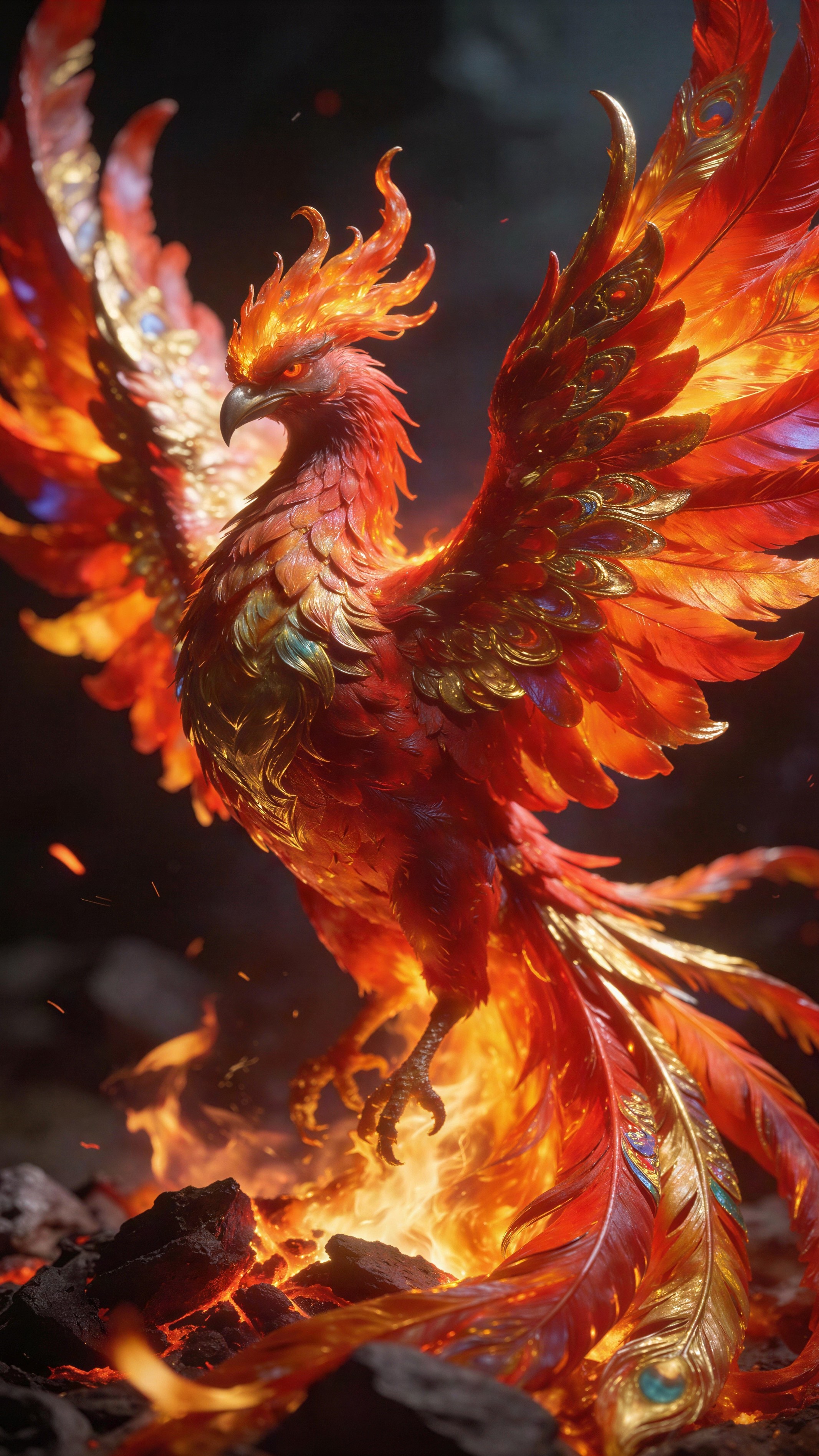 Majestic Phoenix with Fiery Feathers and Halo